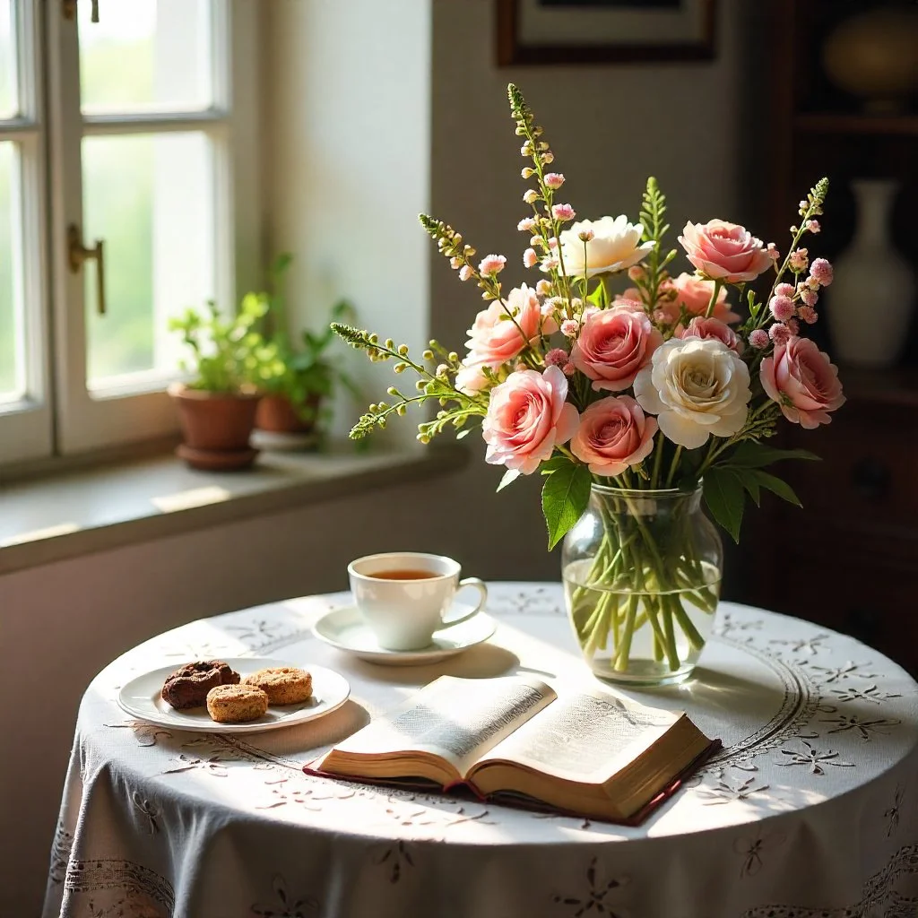 A table with a vase of pink and white roses, an open book, a cup of tea, and cookies, set in front of a window with sunlight portraying peace, comfort, joy and God's grace.