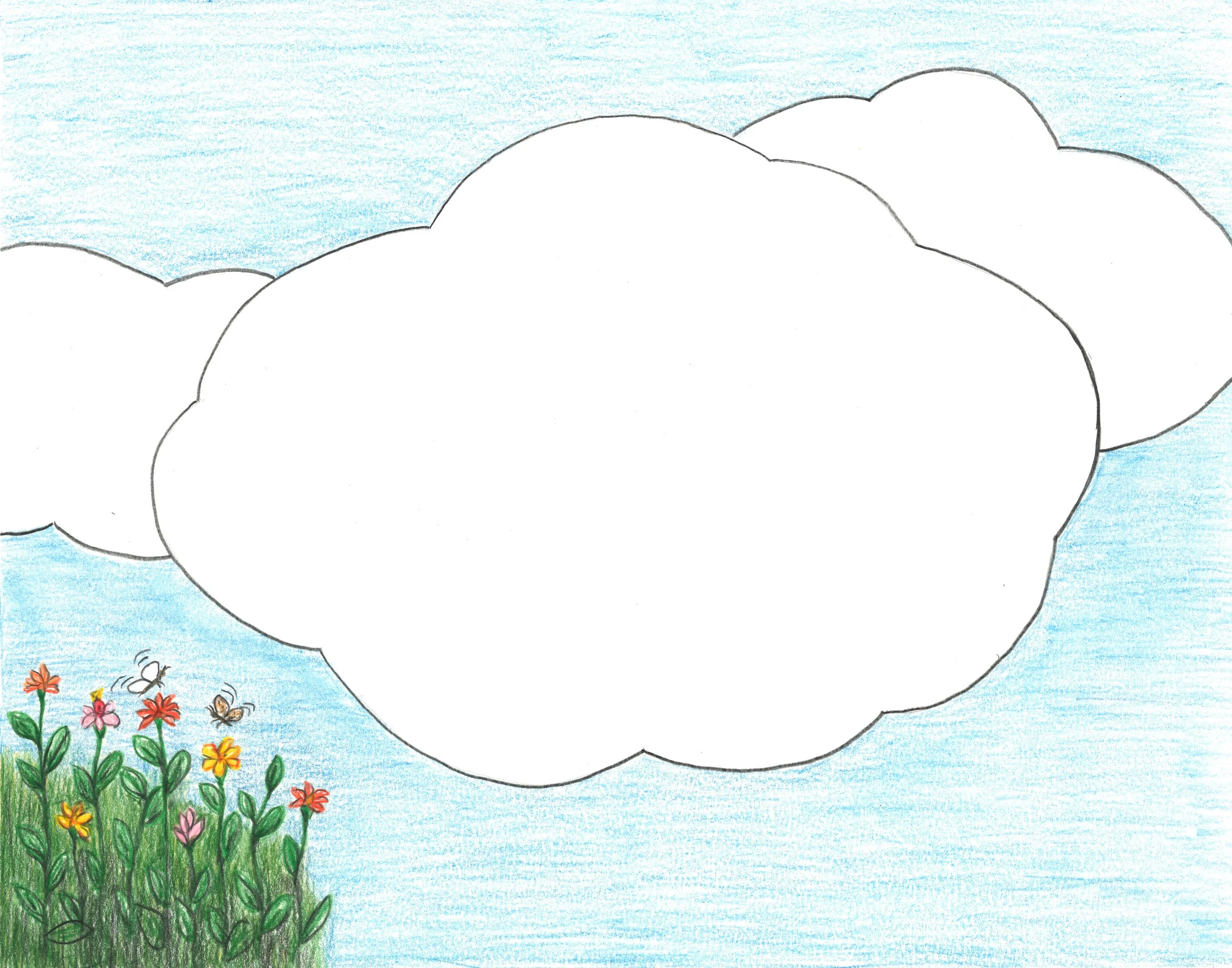 Colorful drawing of a blue sky with clouds, flowers, and butterflies. Illustration for children's book, Grasshopper Garden.