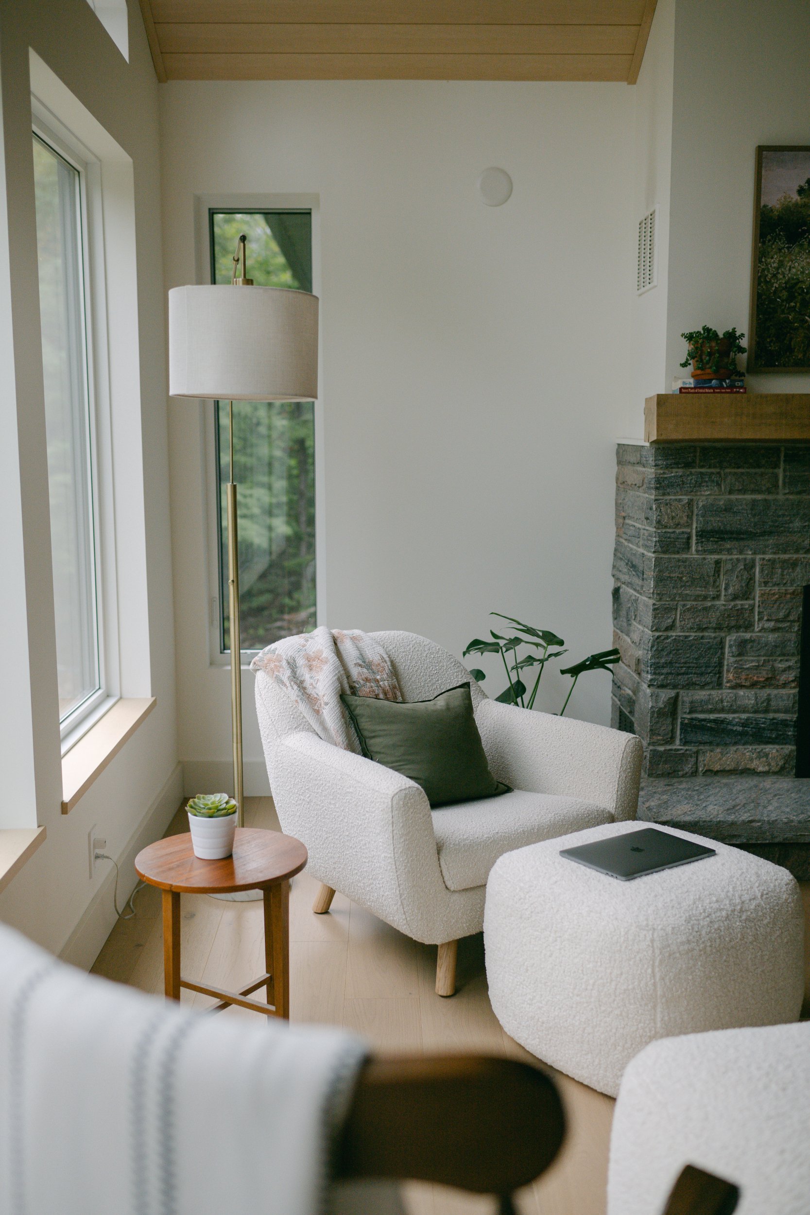 A cozy corner of a living room featuring a white upholstered armchair with a dark throw pillow, a small round wooden side table with a green potted succulent plant, a tall standing lamp with a beige shade, a stone fireplace with a wooden mantel decorated with a small plant and books, and large windows showing green trees outside.