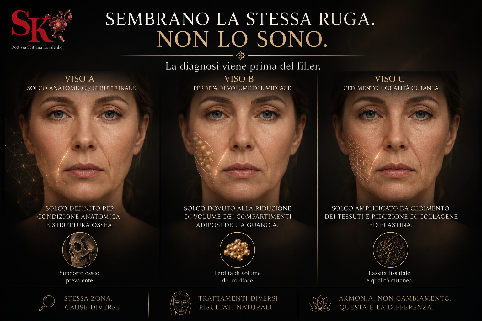 Tre tipi di rughe naso-geniene: causa strutturale, perdita di volume del midface, cedimento cutaneo