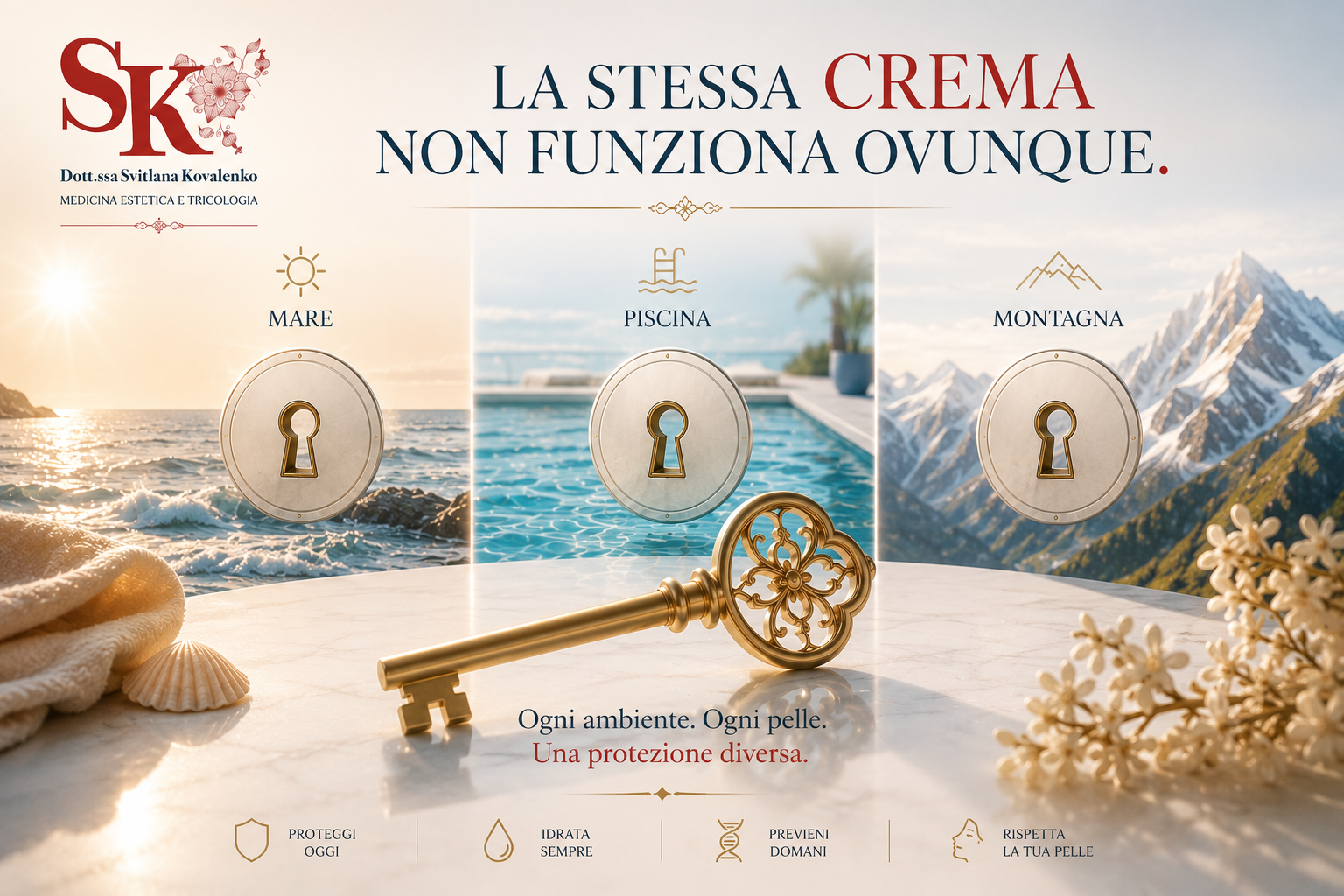 Mare, piscina e montagna richiedono protezioni solari diverse per la pelle matura e secca