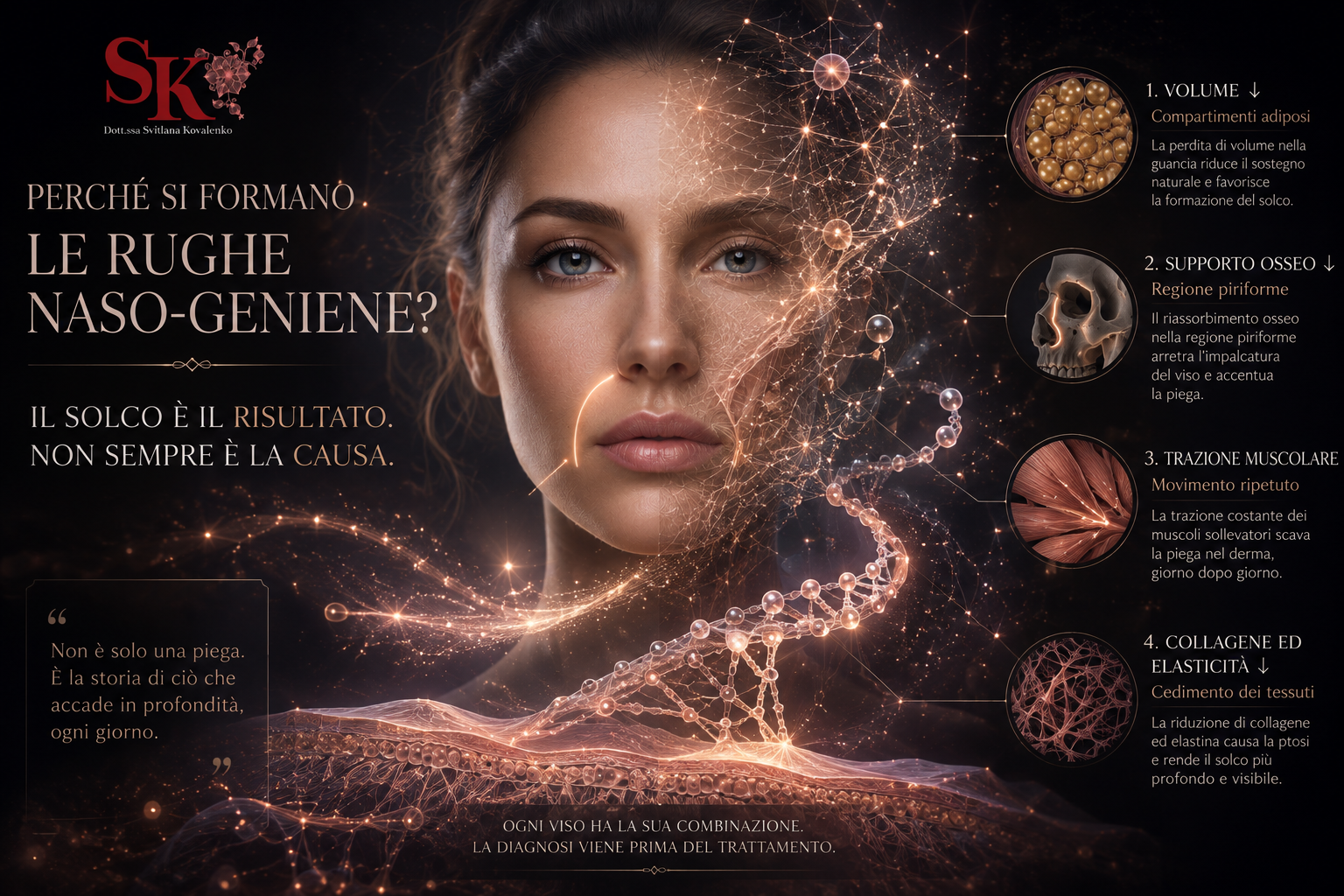 Le 4 cause delle rughe naso-geniene: perdita di volume, riassorbimento osseo, tensione muscolare, cedimento cutaneo