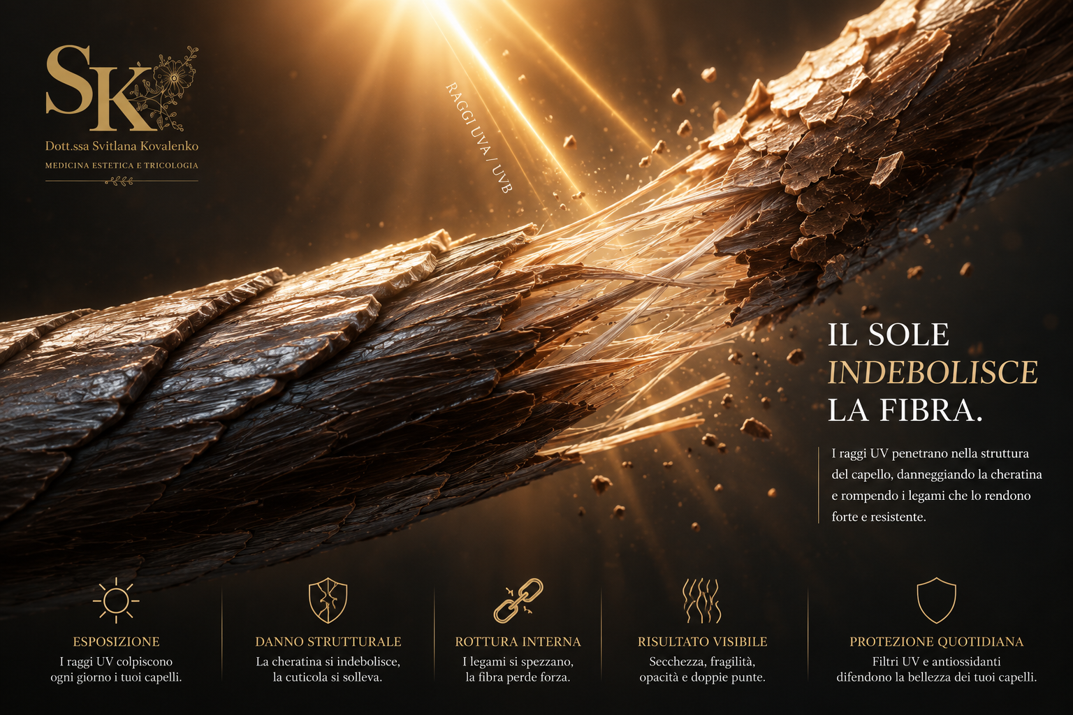 Fibra di capello danneggiata dai raggi UV, cuticola sollevata, illustrazione scientifica