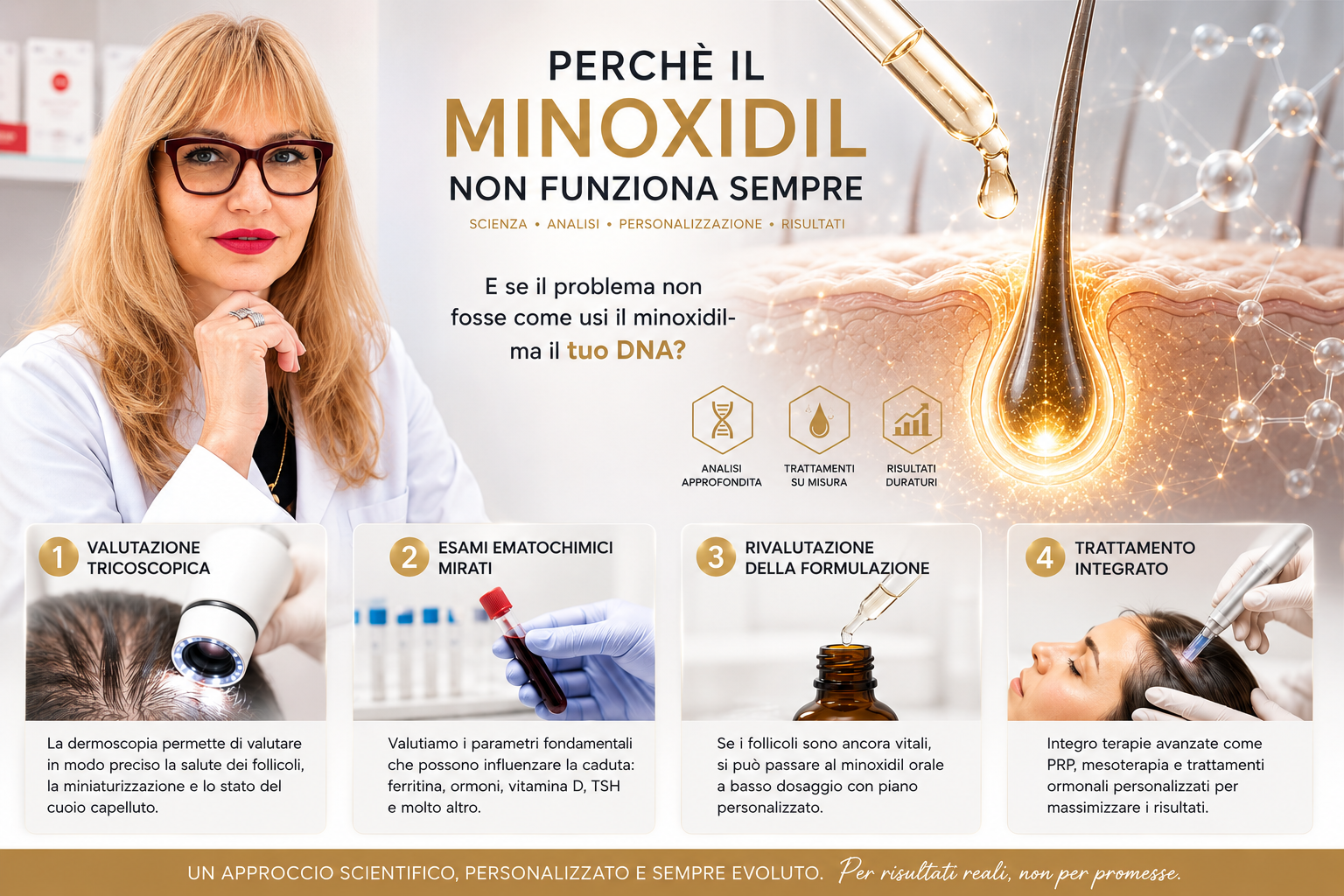Protocollo tricologico personalizzato della Dott.ssa Kovalenko: valutazione tricoscopica, esami ematochimici, rivalutazione formulazione e trattamento integrato per la caduta dei capelli