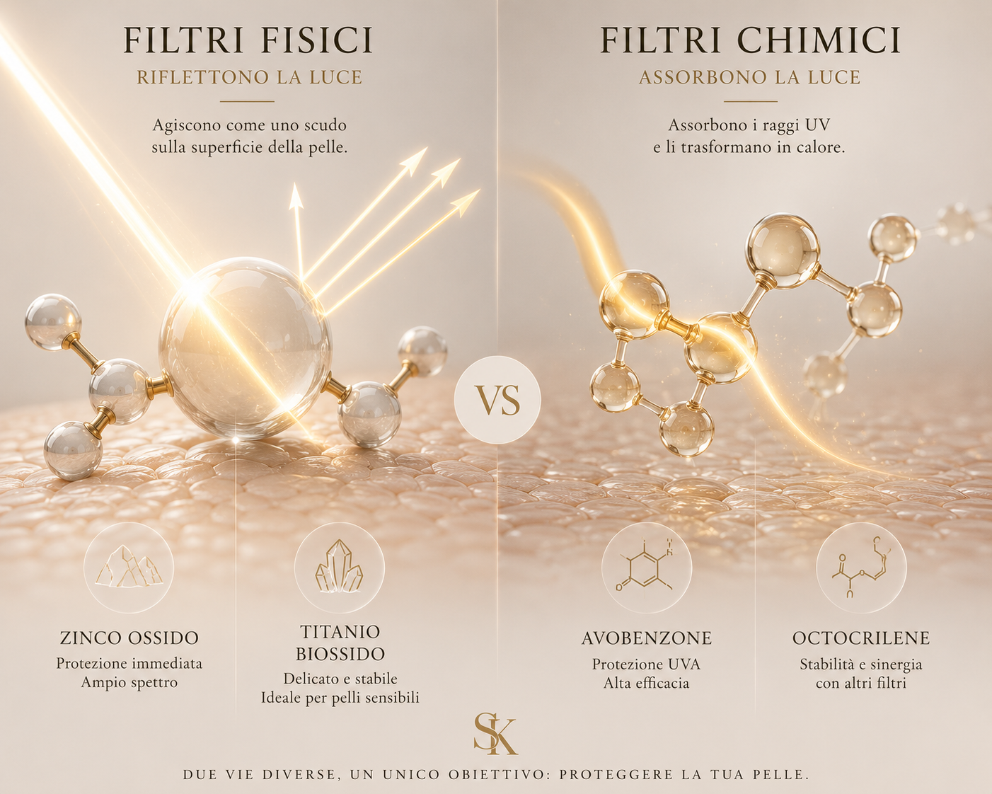 Differenza tra filtri solari fisici e chimici: zinco ossido, titanio biossido, avobenzone, octocrilene
