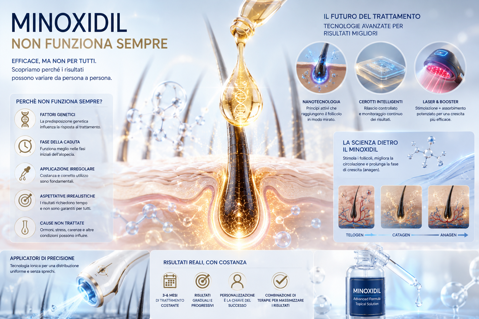 Infografica minoxidil: perché non funziona sempre,  fattori genetici, fasi della caduta e soluzioni avanzate —  Dott.ssa Svitlana Kovalenko, tricologa Roma