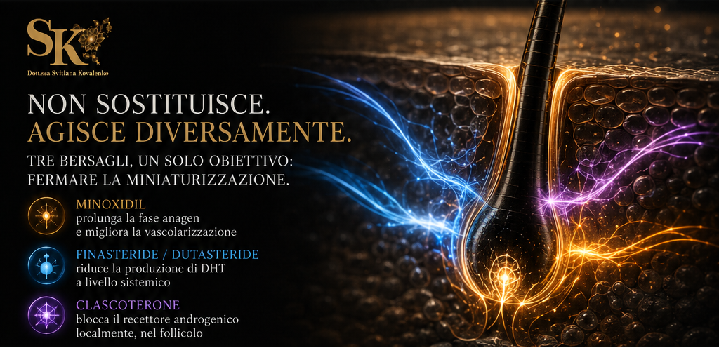 Meccanismo d'azione di clascoterone, finasteride e minoxidil sul follicolo pilifero