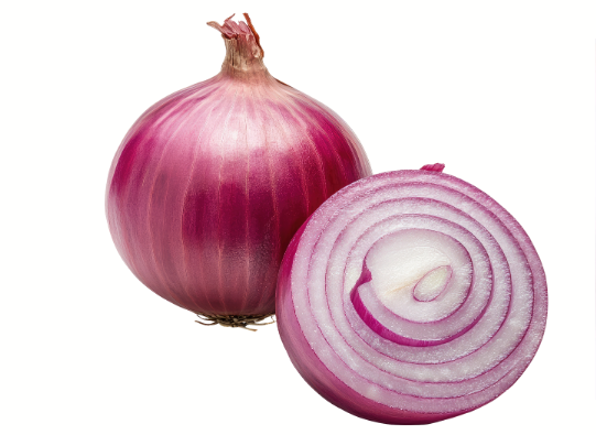 Cipolla rossa intera e tagliata — ricca di quercetina  e zolfo per stimolare la ricrescita dei capelli