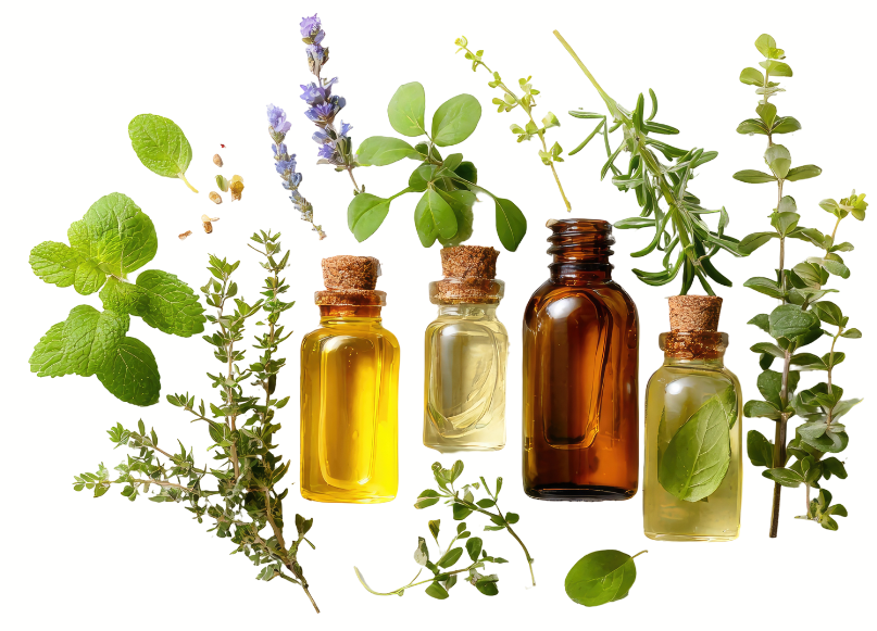 Flaconi di oli essenziali naturali con erbe aromatiche —  rimedi botanici per la salute dei capelli e del cuoio capelluto