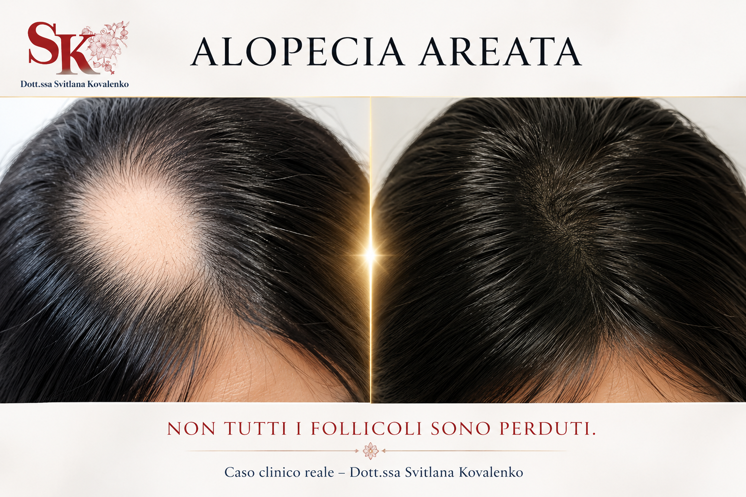 Alopecia areata prima e dopo trattamento - Dott.ssa Kovalenko Roma
