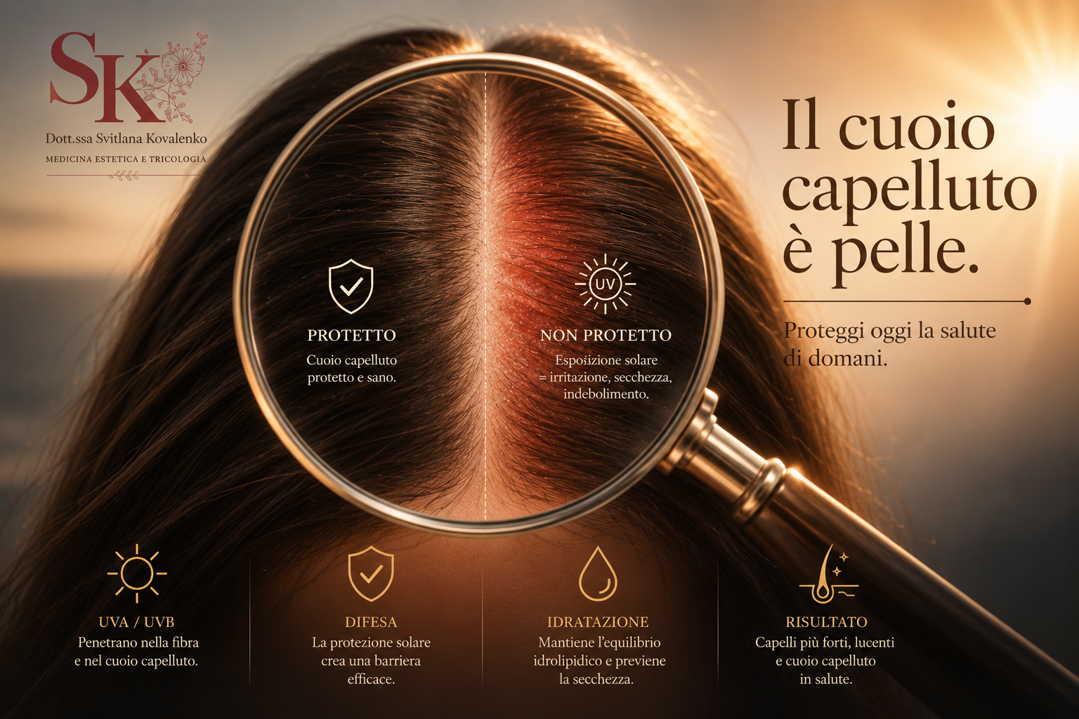 Confronto cuoio capelluto protetto e non protetto dai raggi UV, illustrazione Dott.ssa Kovalenko