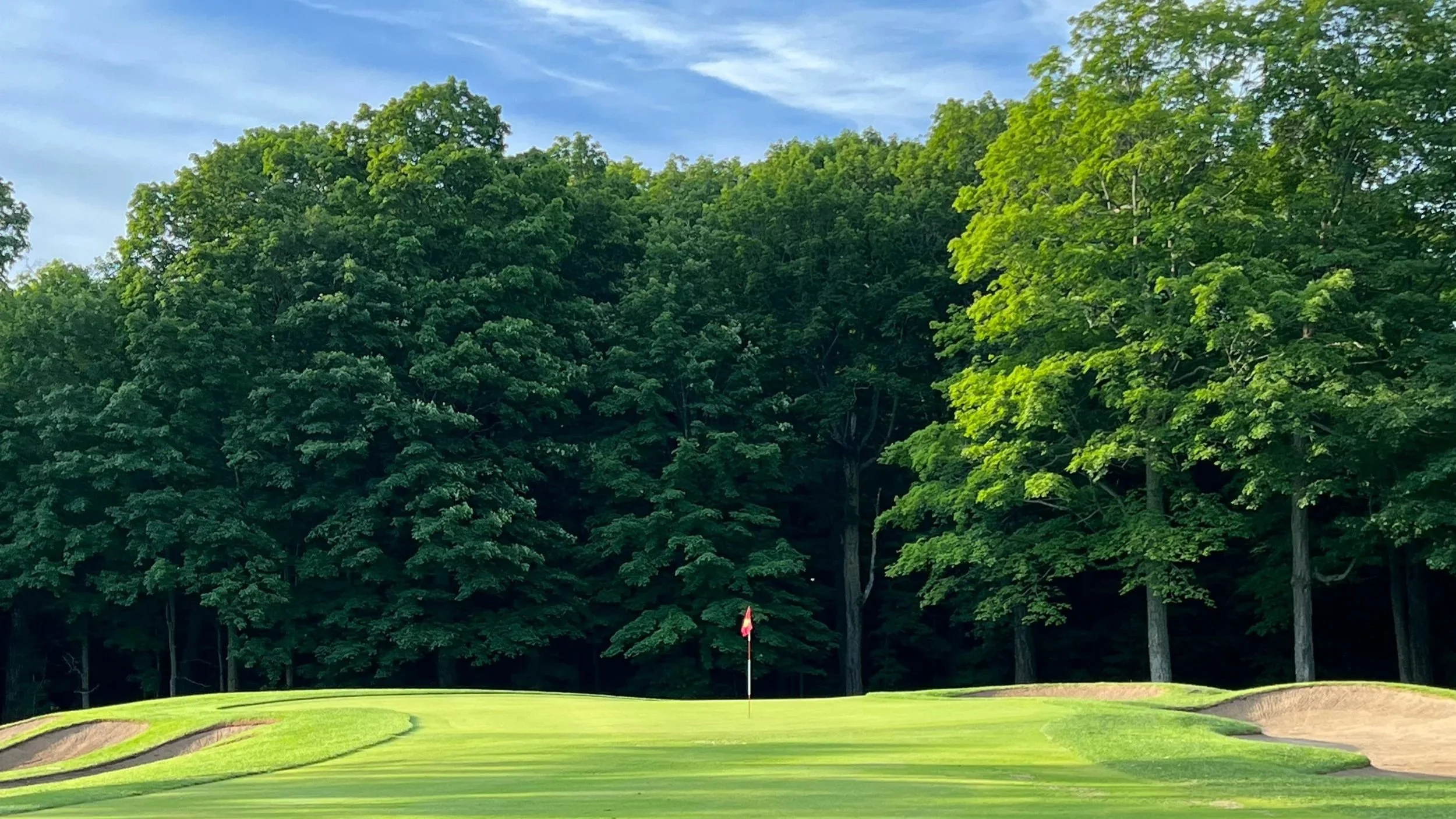 A golf course green with sand bunkers and a flag on the putting green, surrounded by tall trees under a partly cloudy sky.