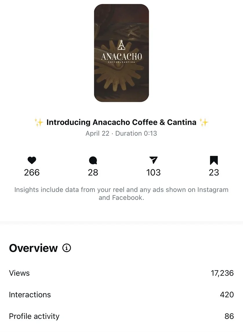 Screenshot of an Instagram reel promoting the opening of Anacacho Coffee & Cantina on April 22nd. Photo by Summerside Creative A Hotel Social Media & Creative Agency Serving Hospitality Brands