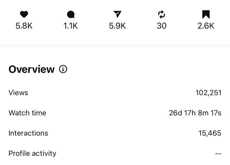 Screenshot of social media analytics showing engagement metrics such as likes, comments, shares, and profile activity; includes statistics like views, watch time, and interactions. Photo by Summerside Creative A Hotel Social Media & Creative Agency S