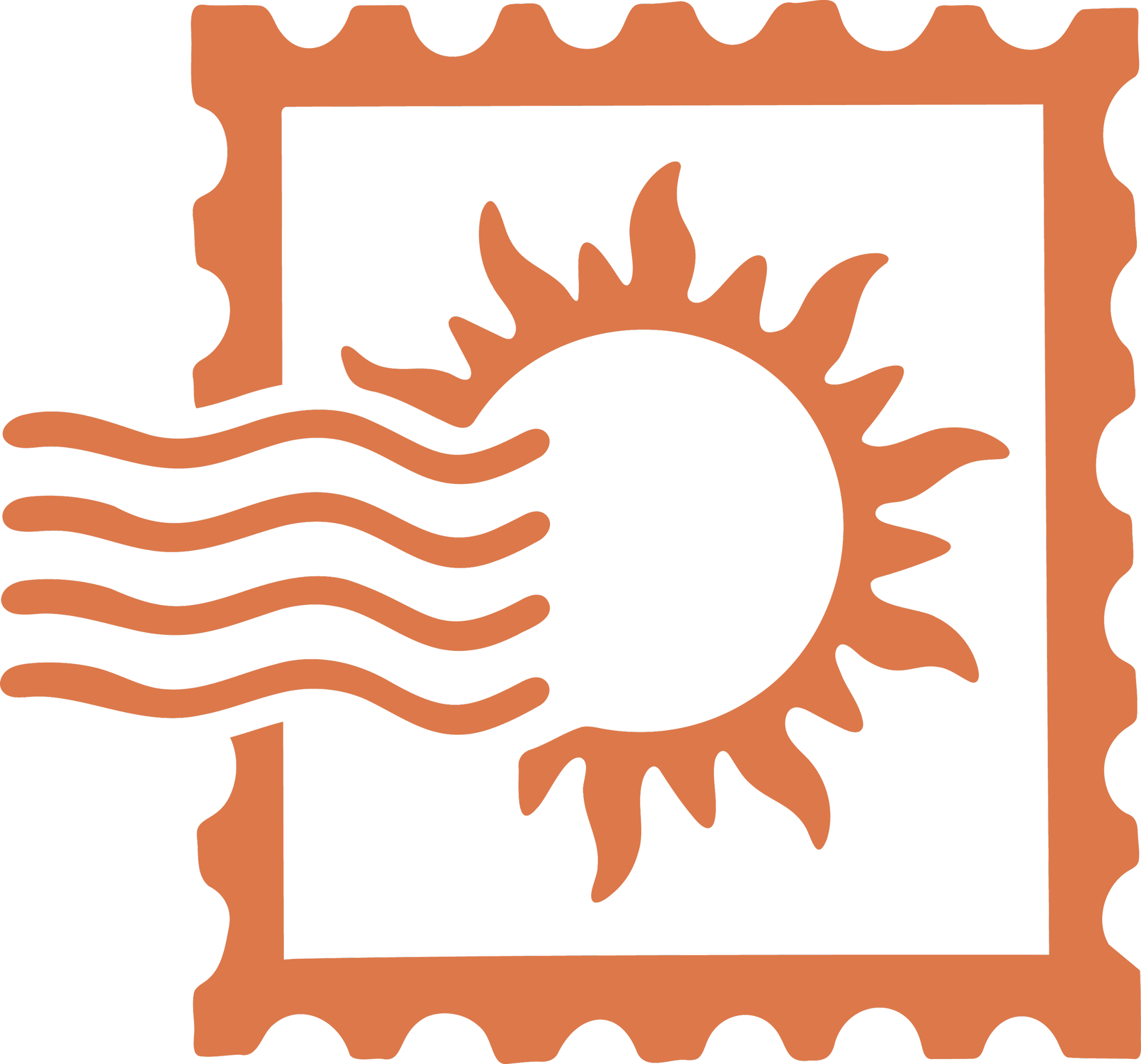 Icon of a postage stamp with a sunset over water, featuring a large sun with rays, three wavy lines representing water, and a decorative border. Photo by Summerside Creative A Hotel Social Media & Creative Agency Serving Hospitality Brands