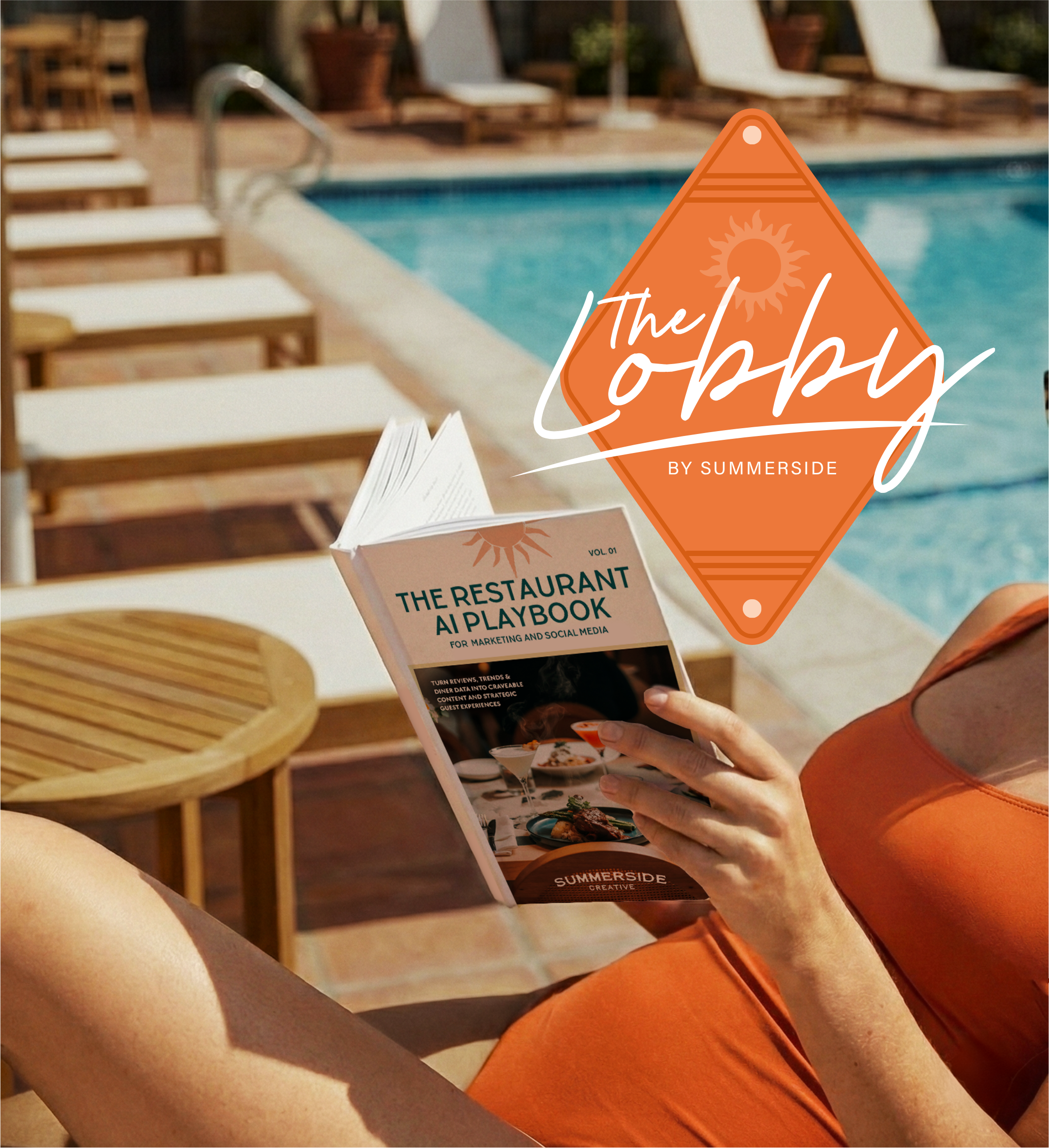 A person reading a restaurant playbook by the poolside on a sunny day, with lounge chairs and a swimming pool in the background.