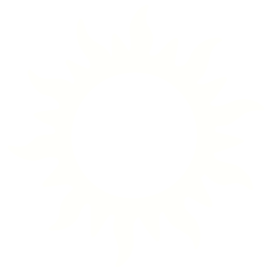 A black and white graphic of a sun with a circular center and radiating sun rays.