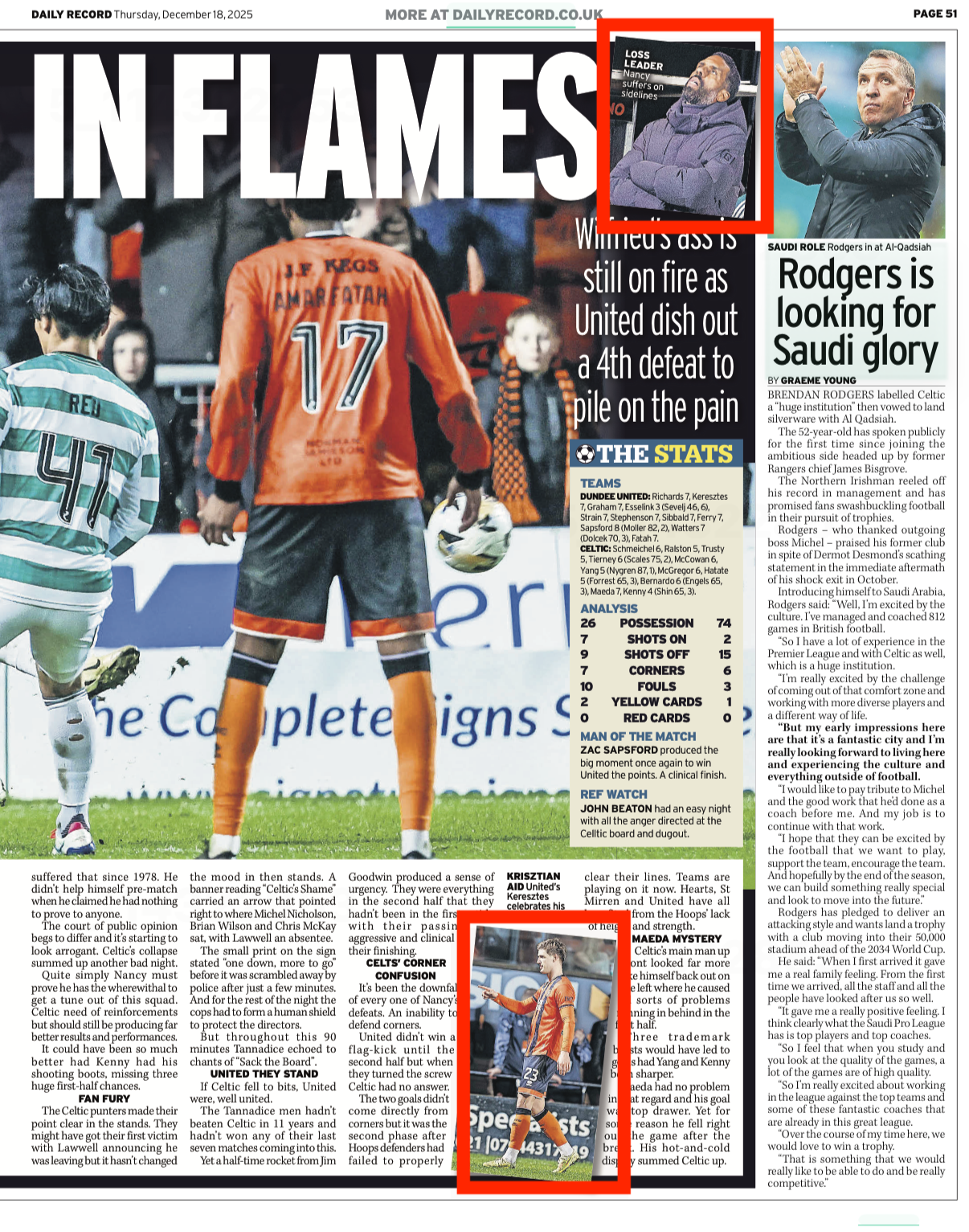 Dundee United V Celtic. Goal scorer and Wilfried Nancy. Shot for Getty Images and featured in The Daily Record newspaper