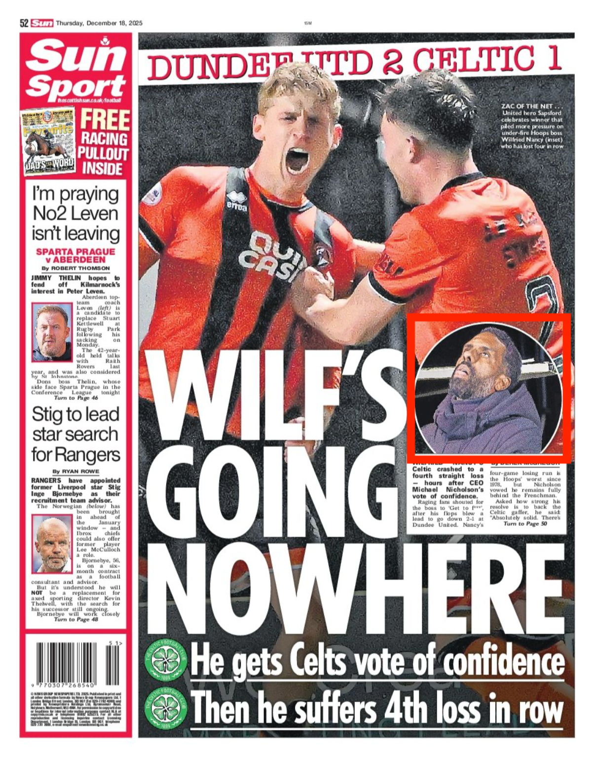 Dundee United V Celtic. Wilfried Nancy. Shot for Getty Images and featured in The Sun newspaper