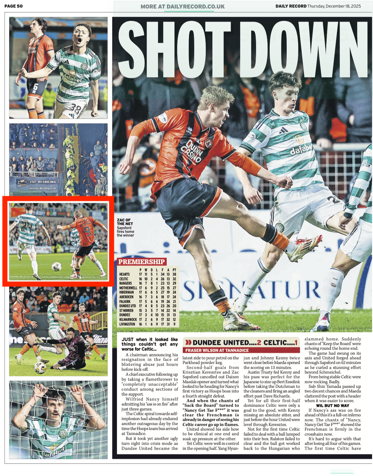 Dundee United V Celtic. Zac Sapsford's curling effort. Shot for Getty Images and featured in The Daily Record newspaper