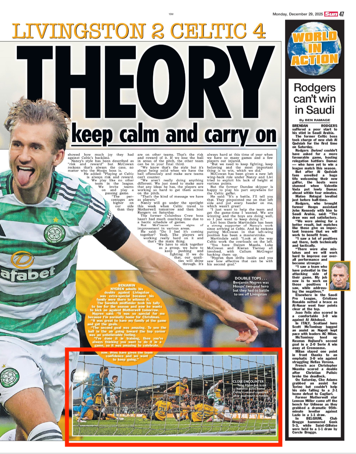 Livingston V Celtic. Yang scoring goal. Shot for Getty Images and featured in The Sun Newspaper