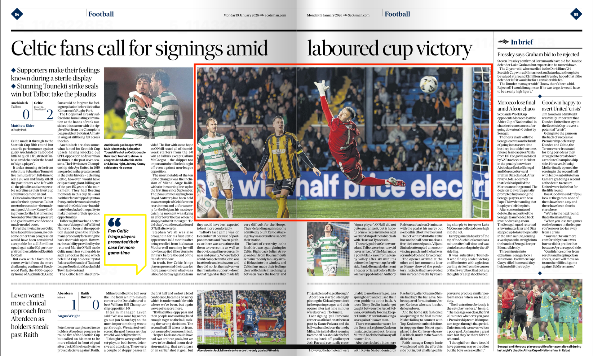Tounekti scoring Celtic's second goal against Auchinleck. Image shot for Getty Images and featured in The Scotsman Newspaper.