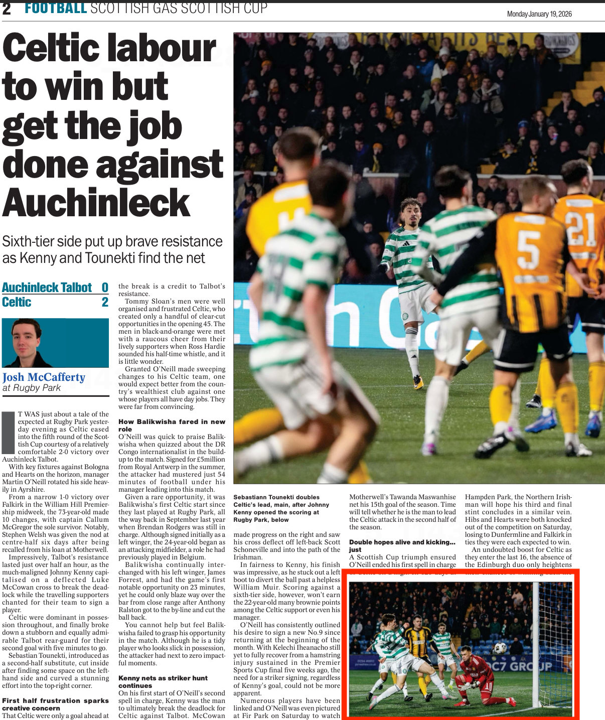 Kennt scored Celtic's opening goal against Auchinleck. Image shot for Getty Images and featured in The Herald Newspaper.