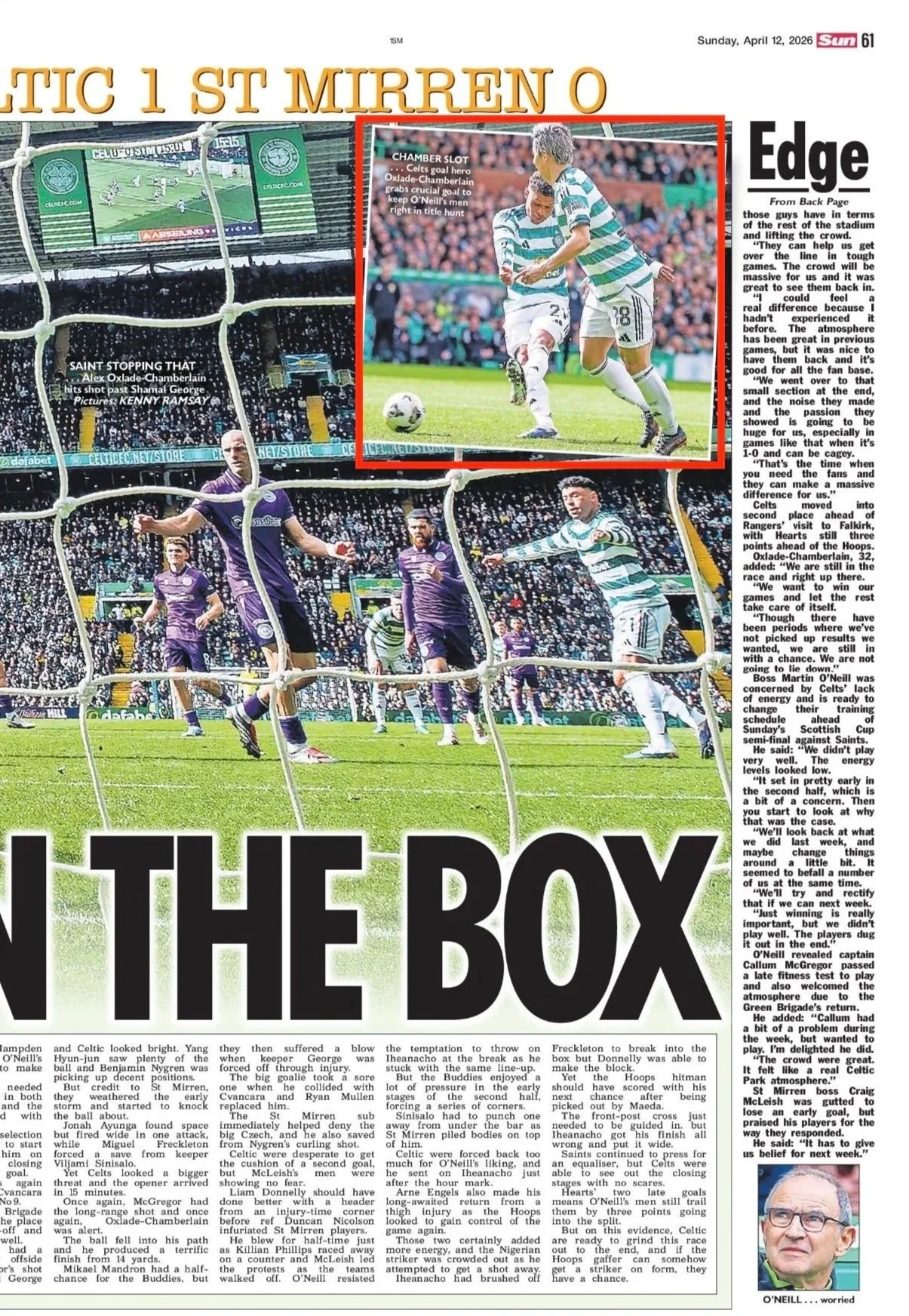Oxlade-Chamberlain scores opening goal against St Mirren. Image shot for Getty Images and featured in The Sun Newspaper