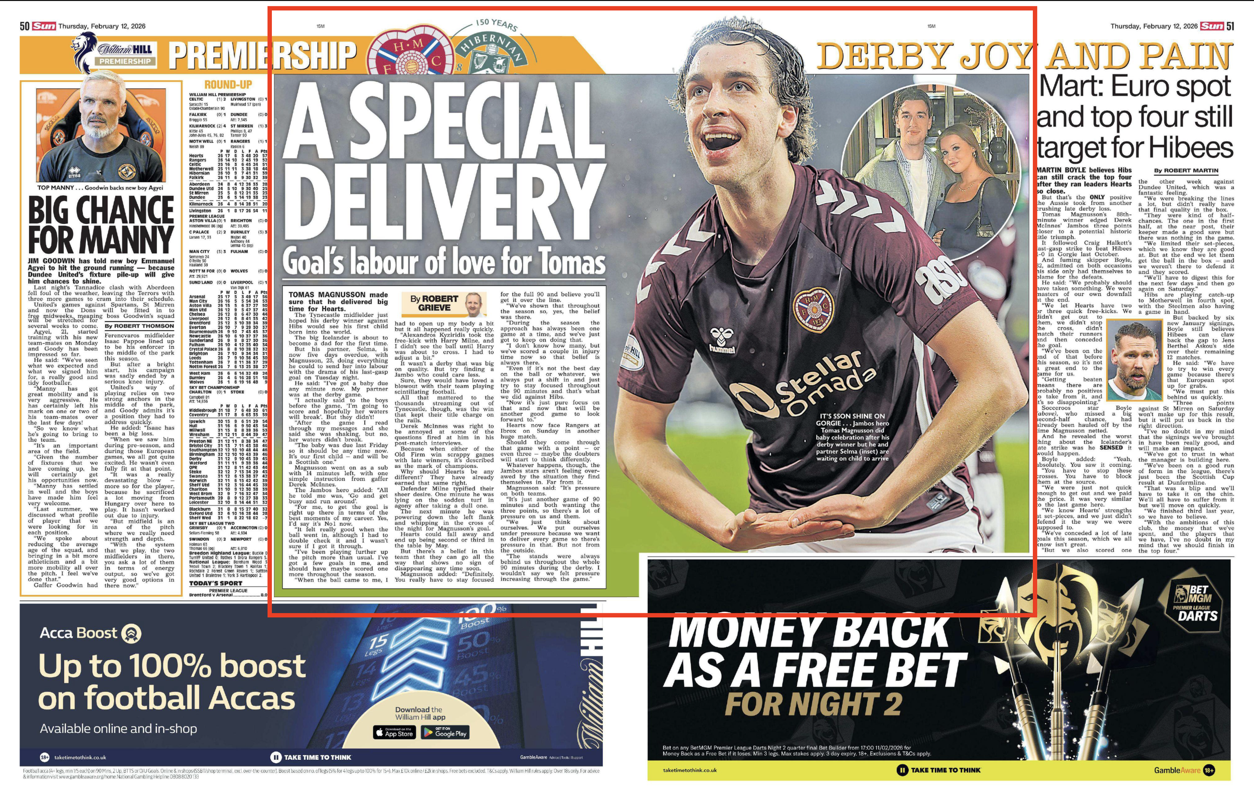 Tomas Bent Magnuson celebrates Hearts' winner in the Edinburgh Derby. Images shot for Getty Images and published in The Sun Newspaper