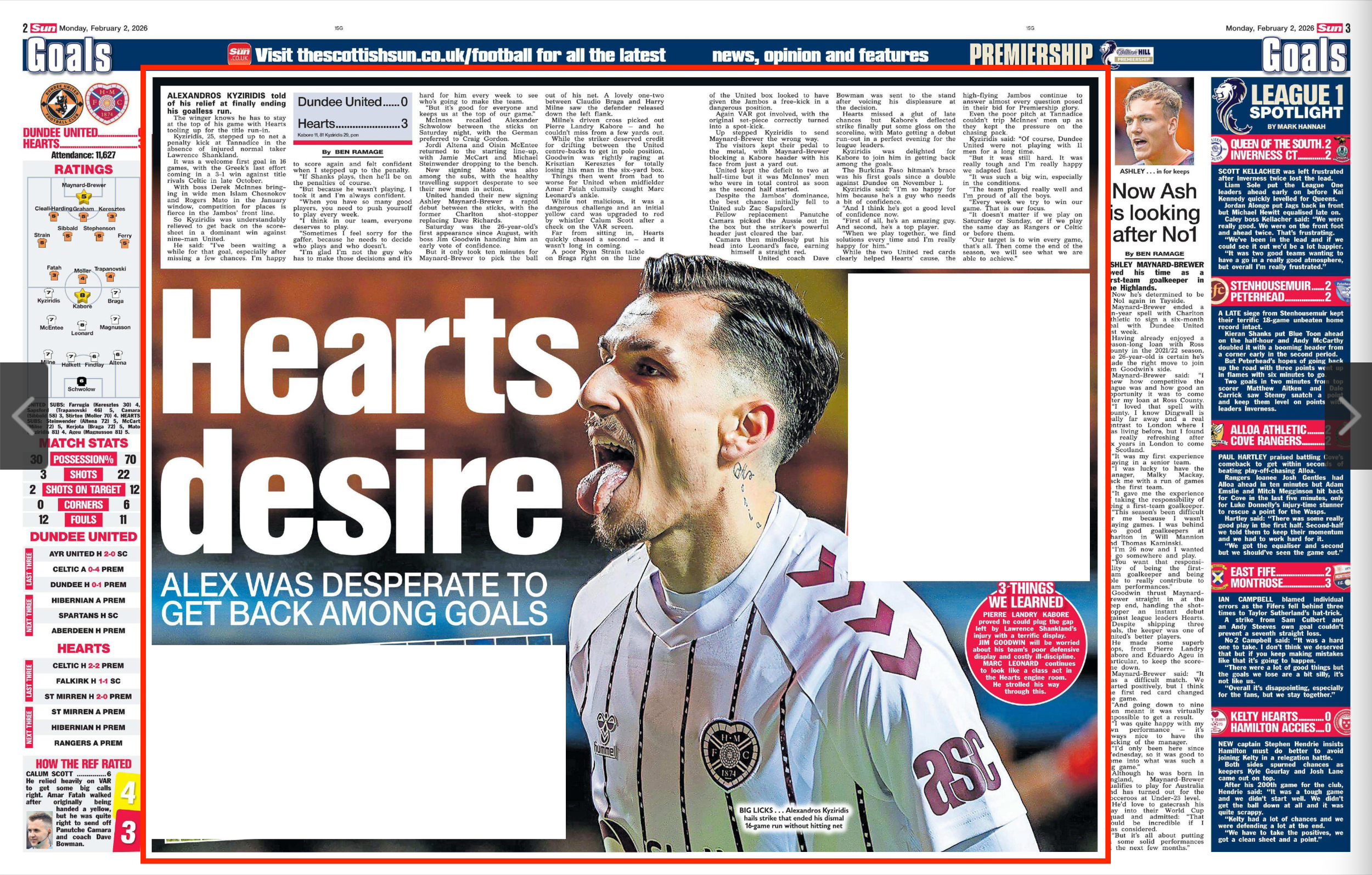 Kyziridis celebrates Hearts second goal against Dundee United. Image shot for Alamy Editorial and featured in The Sun Newspaper