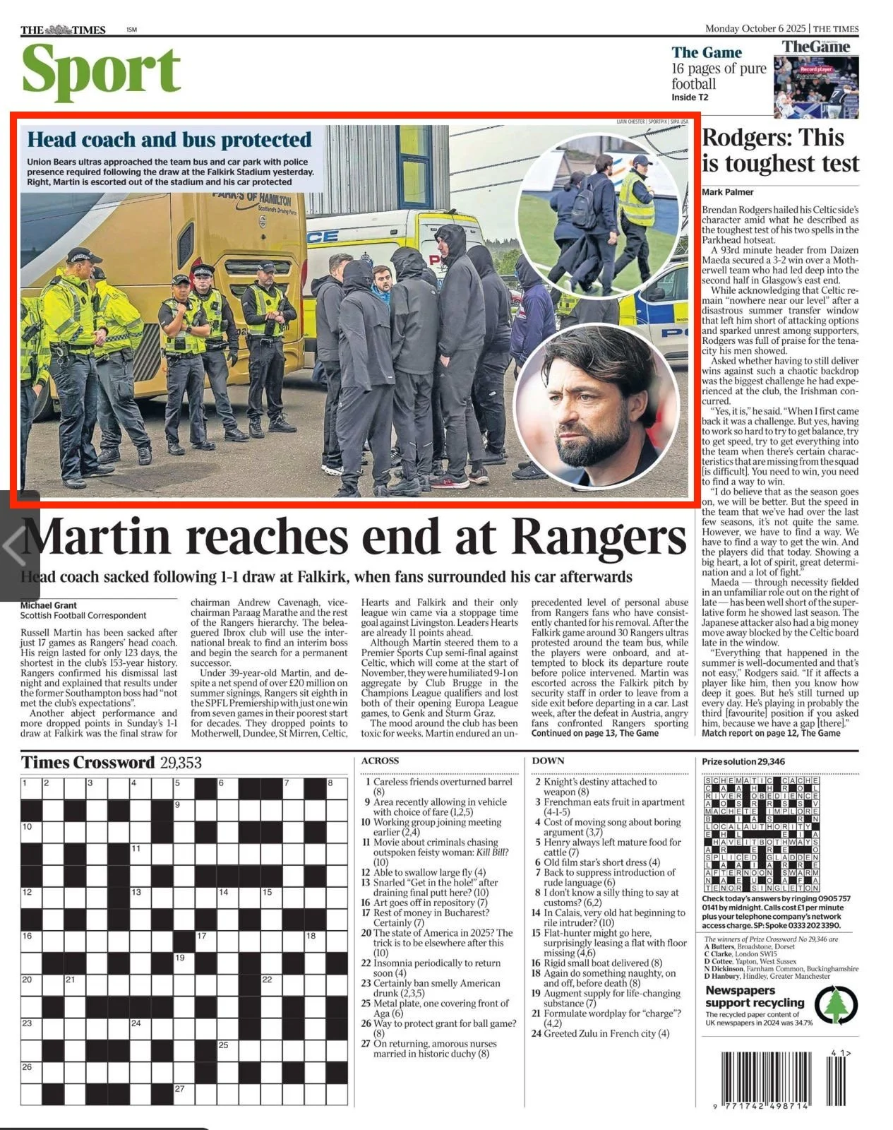 Russell Martin and the Ranger's coach being blocked in by Rangers supporters at The Falkirk Stadium