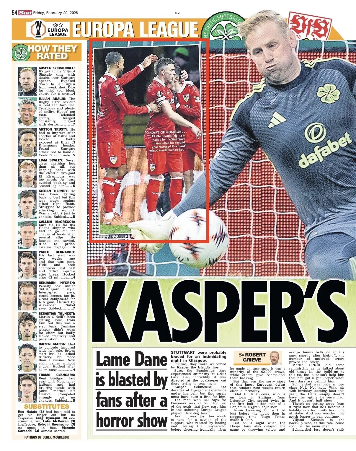 Stuttgart celebrate goal at Celtic Park in the Europa league against Celtic. Image shot for Getty Images and published in The Sun Newspaper.