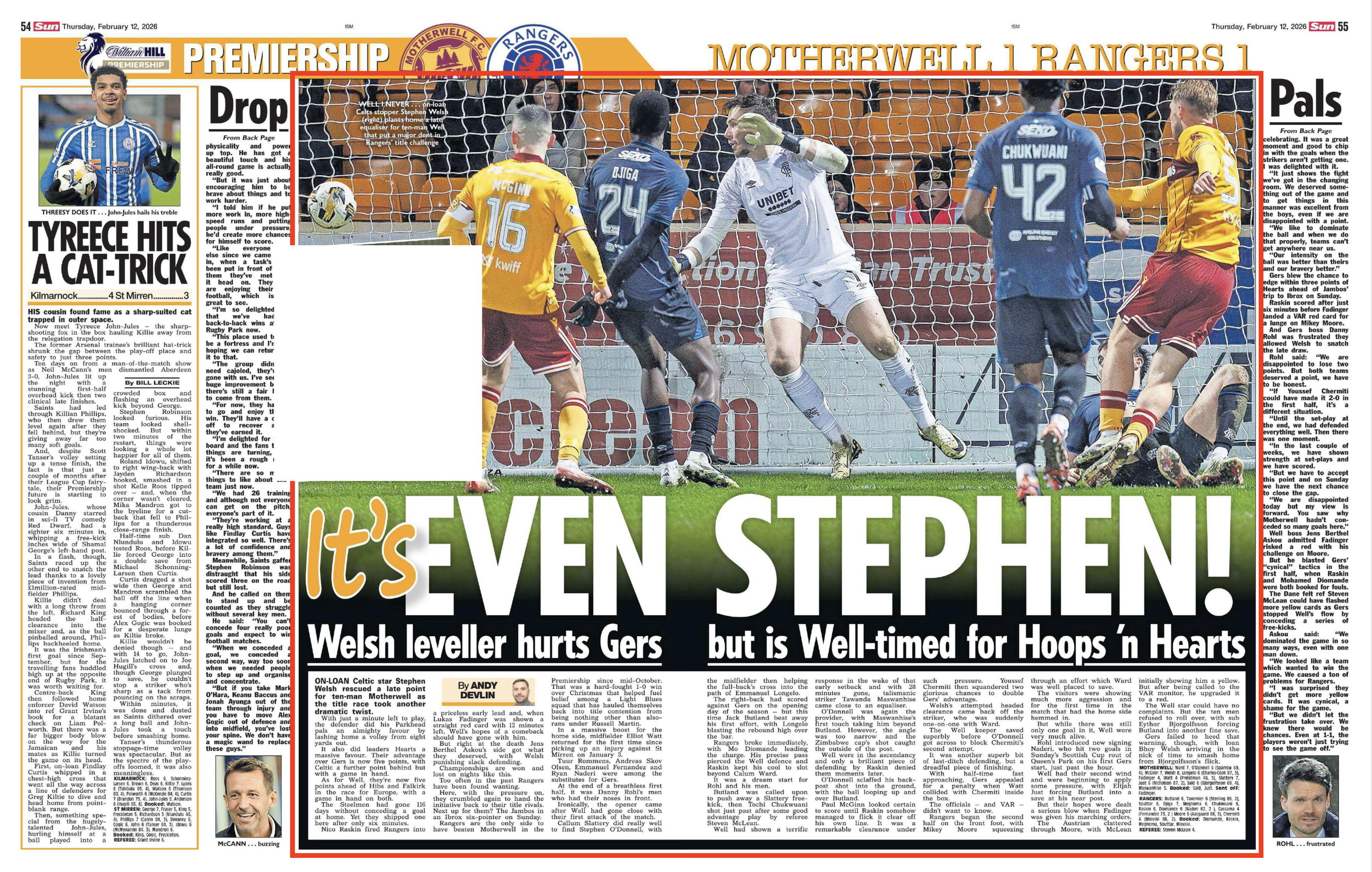 Stephen Welsh scores late equaliser for Motherwell against Rangers. Image shot for Alamy Editorial and used in The Sun Newspaper.