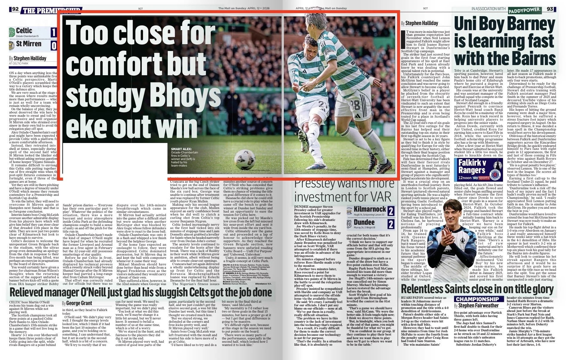 Oxlade-Chamberlain scores the opening goal against St Mirren. Image shot for Getty Images and featured in Mail on Sunday Newspaper