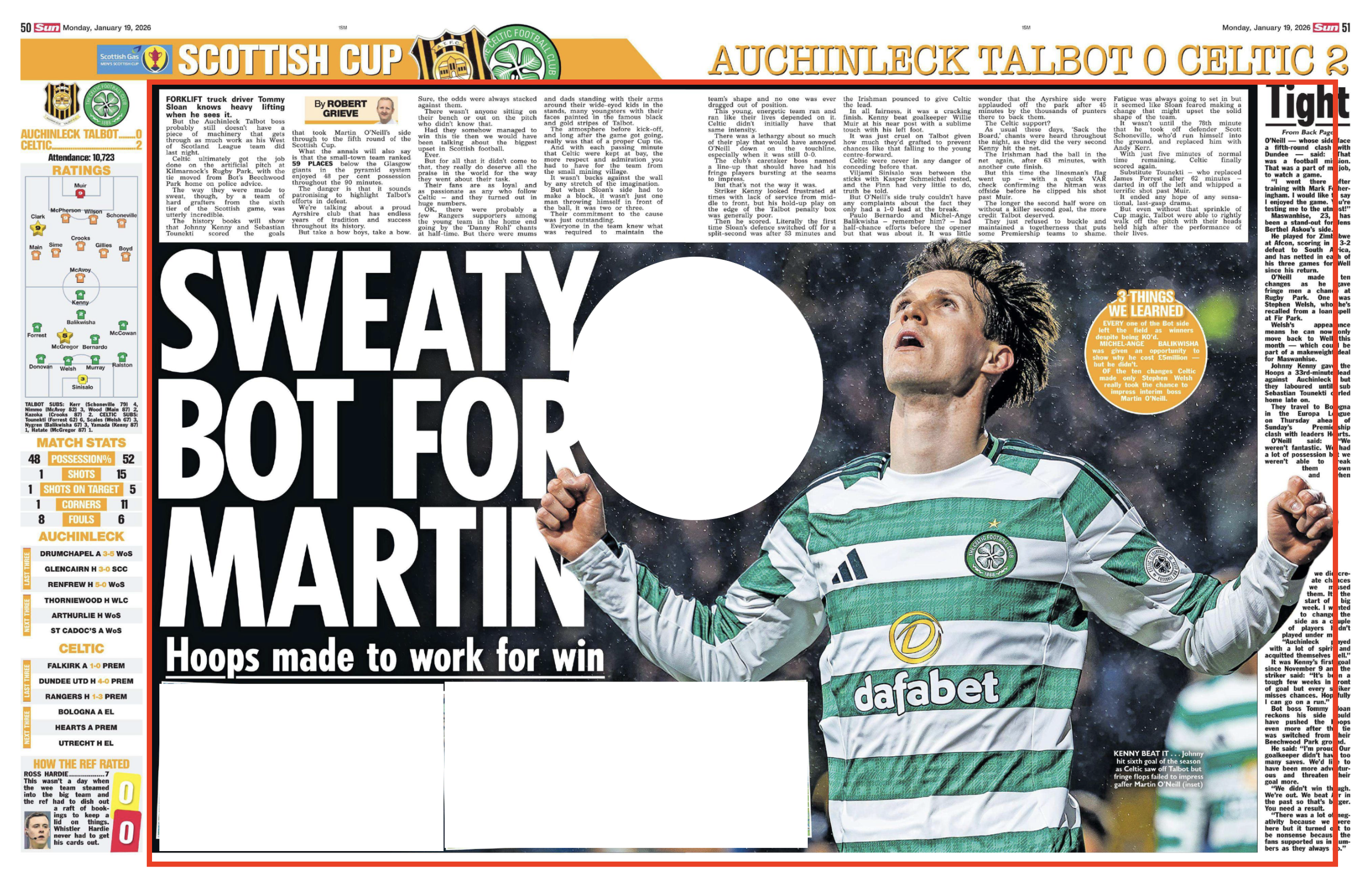 Kenny celebrating Celtic's opening goal against Auchinleck. Image shot for Getty Images and featured in The Sun Newspaper.