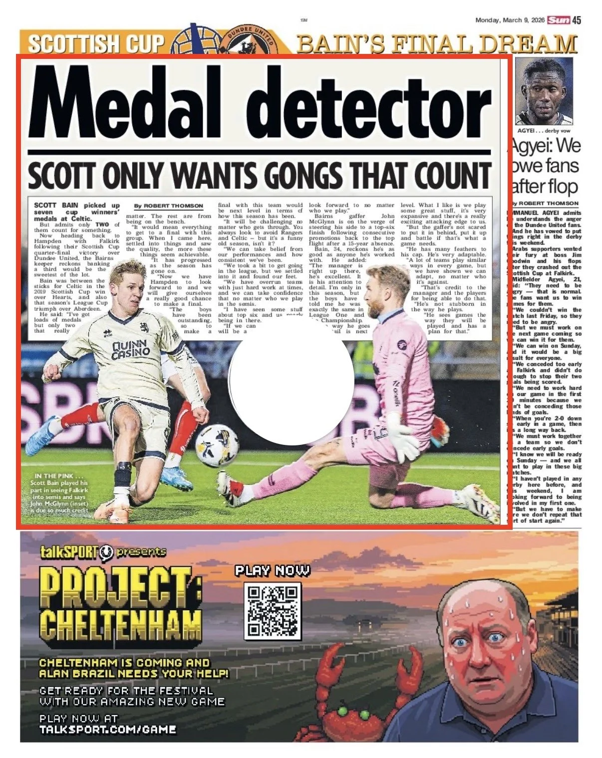 Scott Bain makes a save from Zac Sapsford. Image shot for Action Plus Sports Images and featured in The Scottish Sun Newspaper.