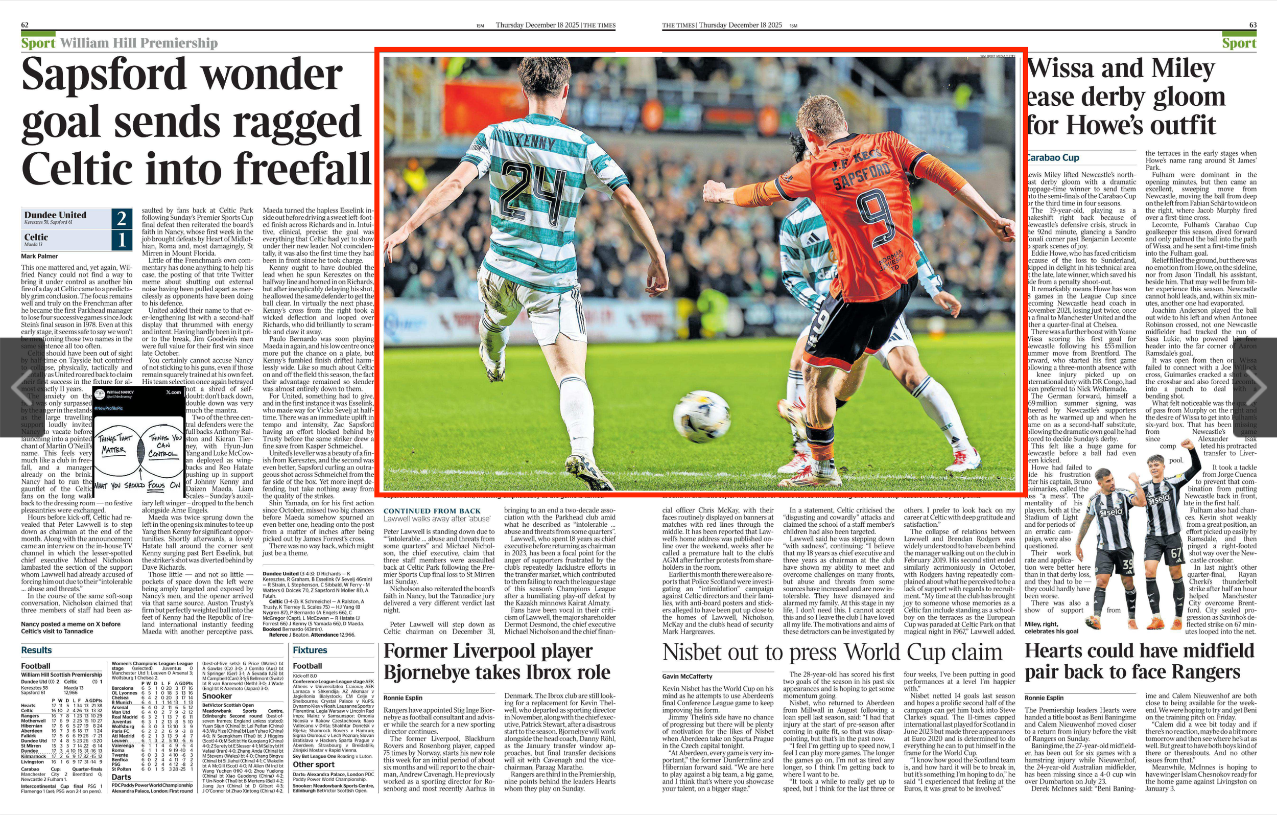 Dundee United V Celtic. Zac Sapsford's curling effort. Shot for Getty Images and featured in The Times newspaper.