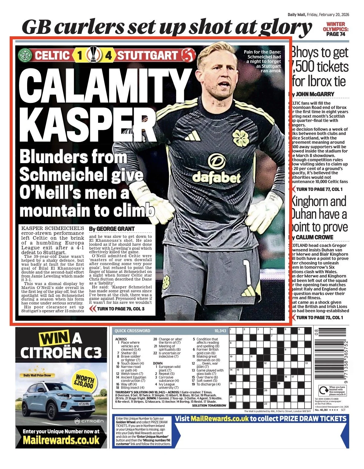 Kasper reacting toerror Celtic Park in the Europa league against Stuttgart. Image shot for Getty Images and published in the Daily Mail