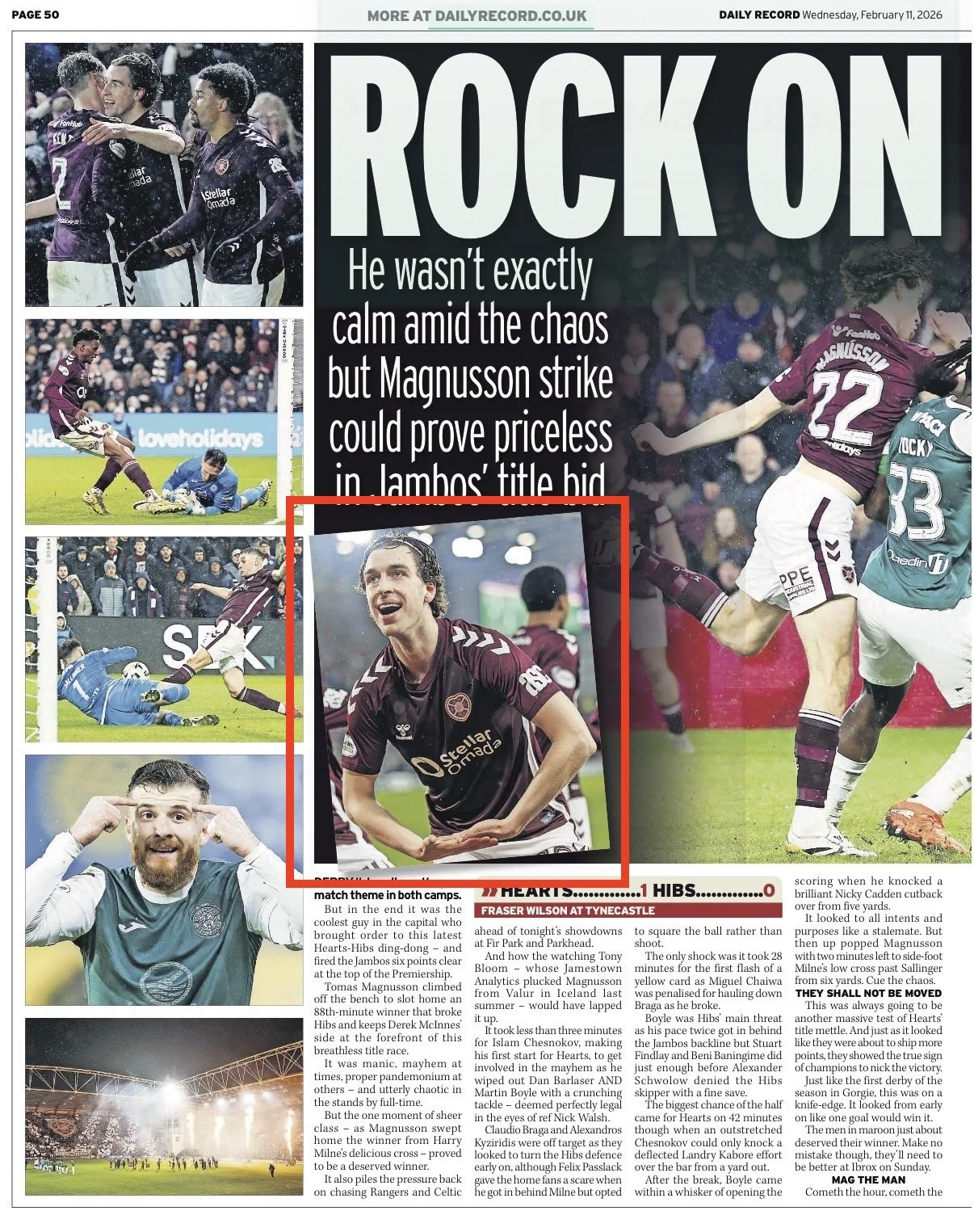 Tomas Bent Magnuson celebrates Hearts winner in the Edinburgh Derby. Images shot for Getty Images and published in The Daily Record Newspaper