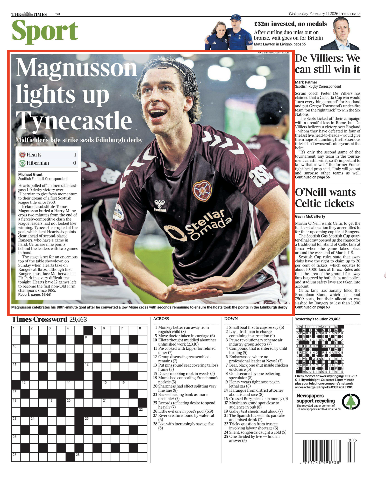 Tomas Bent Magnuson celebrates Hearts winner in the Edinburgh Derby. Images shot for Getty Images and published in The Times Newspaper.