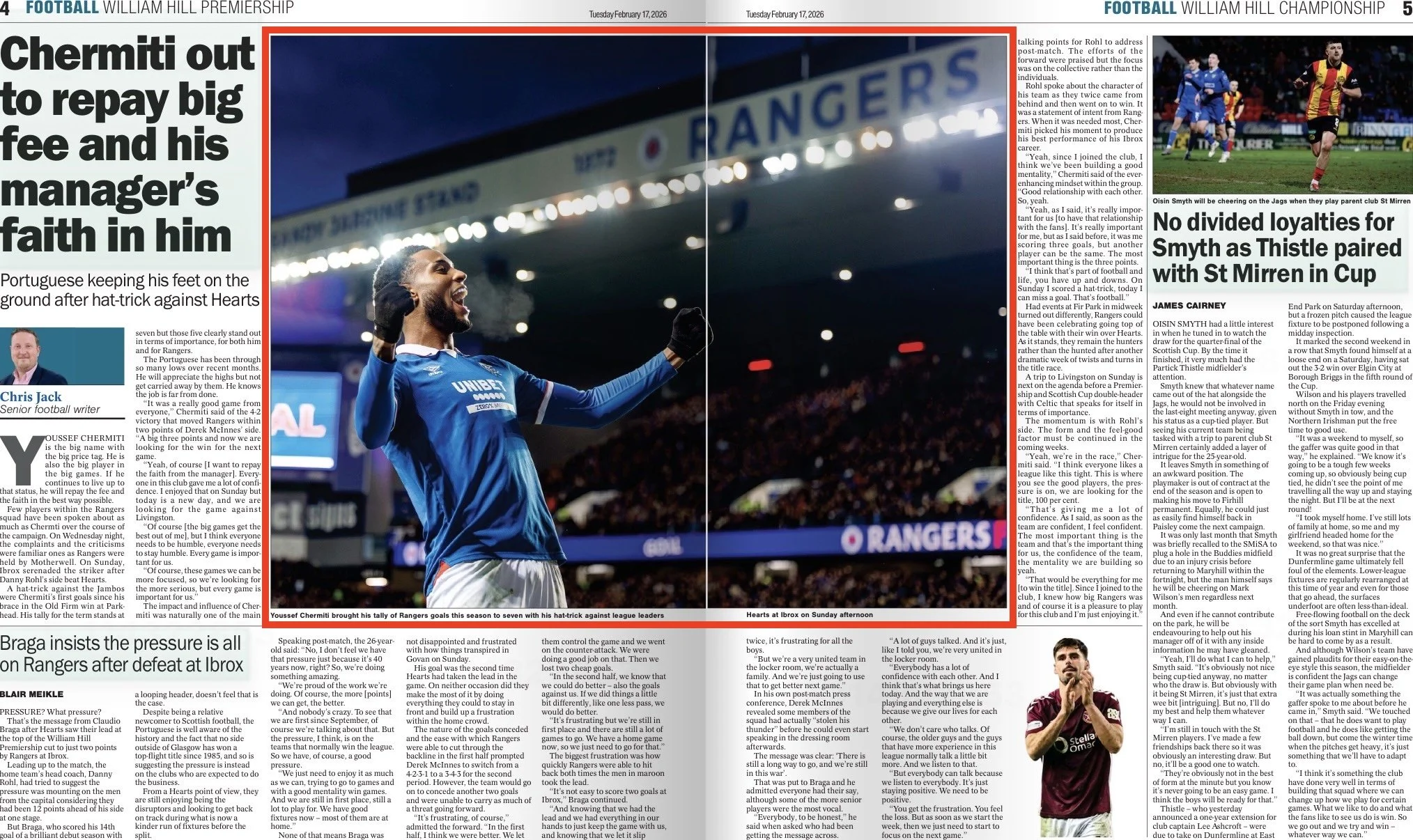Youssef Chermiti celebrates for against Hearts at Ibrox. Image shot for Getty Images and published in The Herald Newspaper