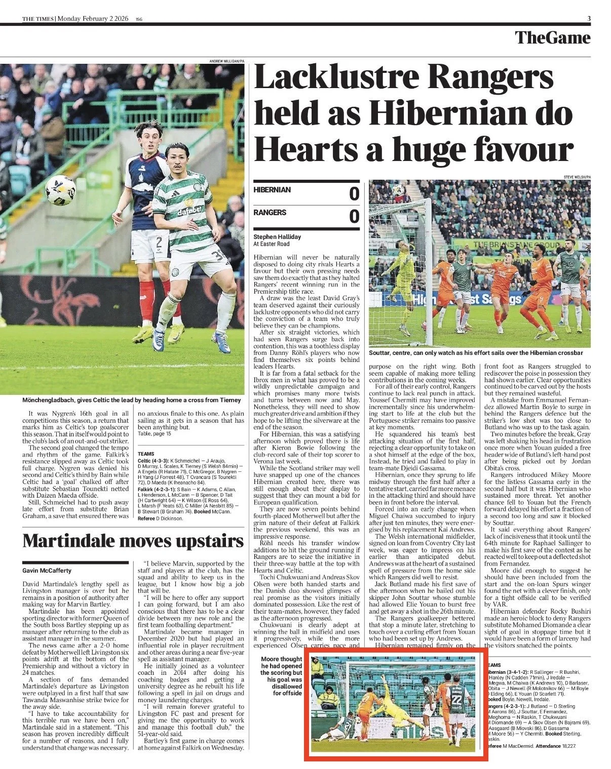 Mikey Moore scores for Rangers but VAR disallows it for offside. Image shot for Alamy Live News and featured in The Times Newspaper