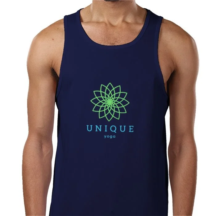 Close-up of a man wearing a navy blue gym vest with Unique Yoga logo on it.