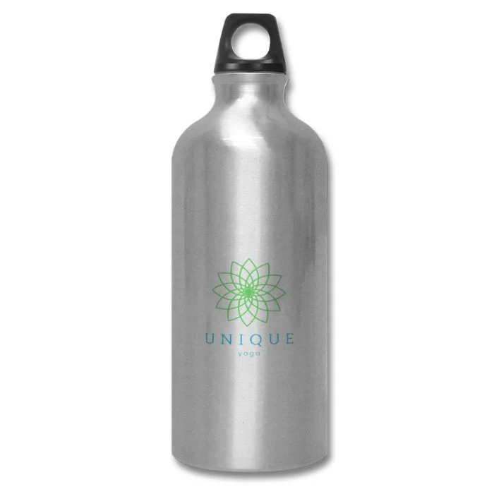 Silver aluminum water bottle with a black cap, featuring the Unique Yoga logo in green.