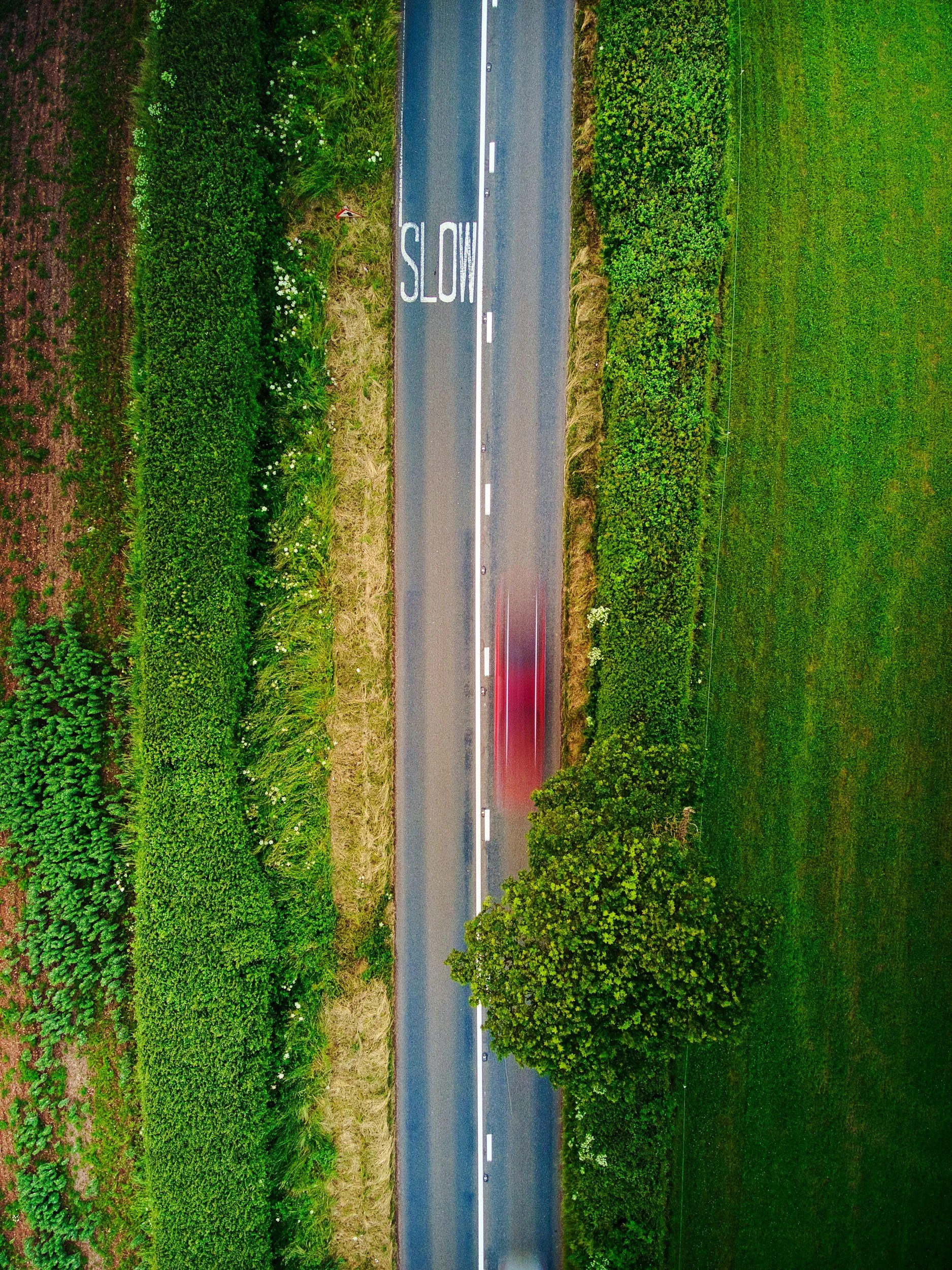 An aerial view of a rural highway with a red car driving on it, surrounded by green fields and trees on each side, with a 'SLOW' sign painted on the road.