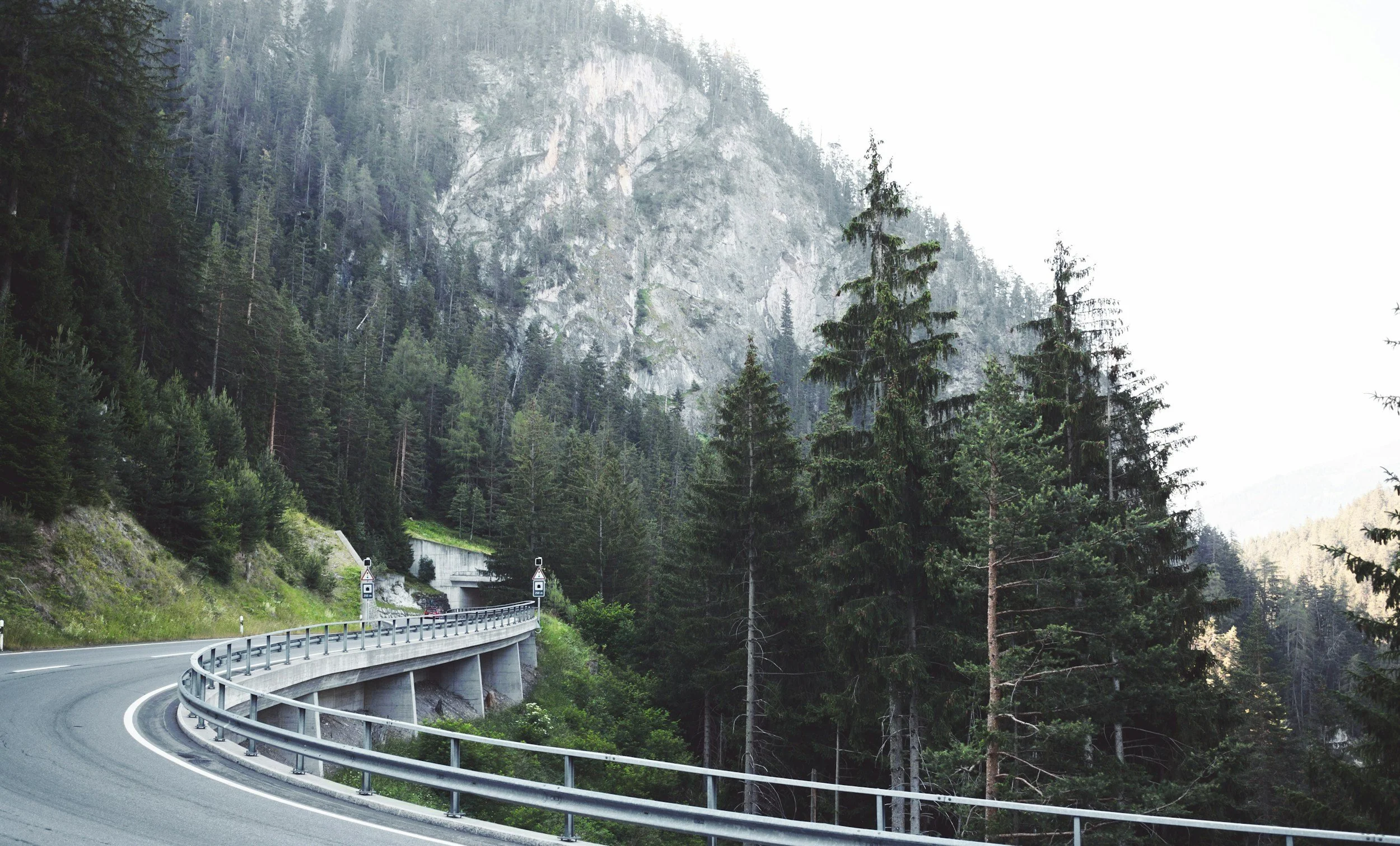 A winding mountain road with guardrails, surrounded by tall evergreen trees and steep rocky cliffs in the background.
