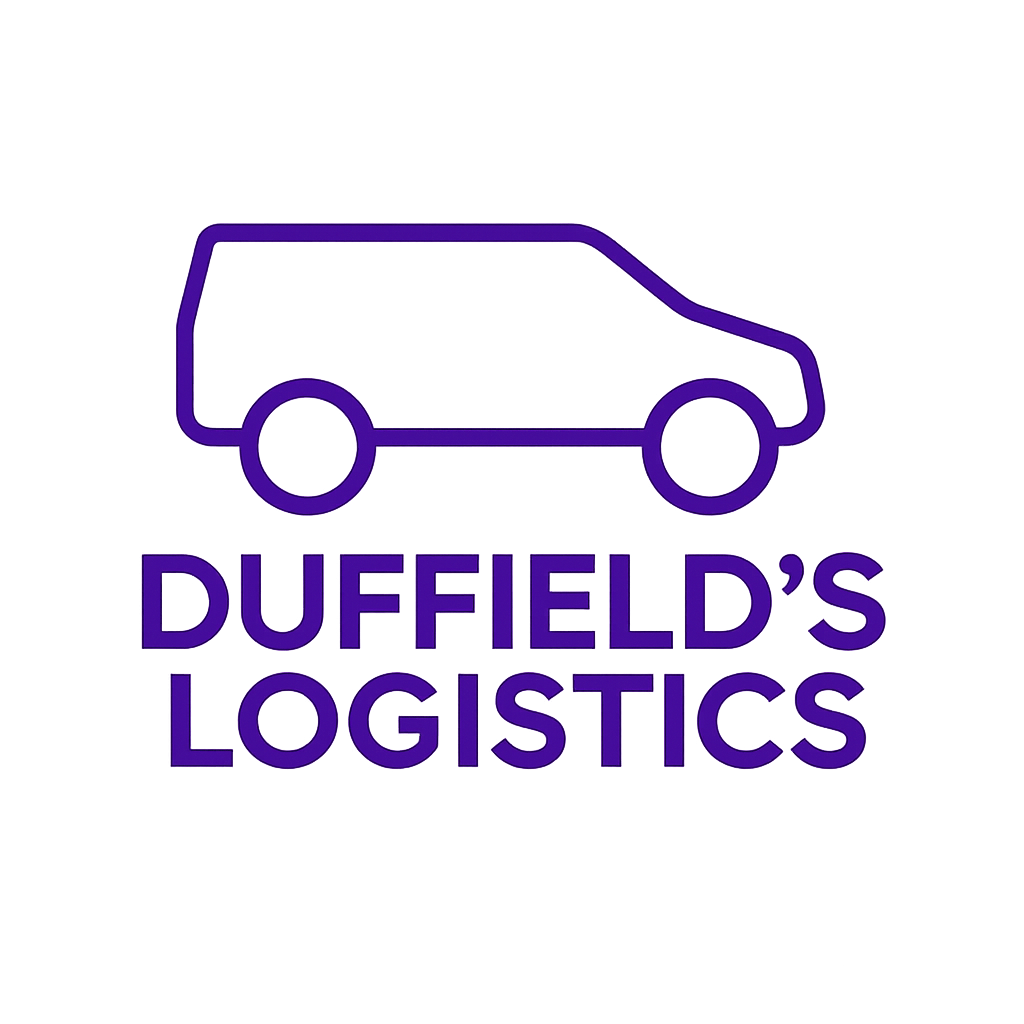 Logo for Duffield's Logistics featuring a purple outline of a van and the company name in purple text.