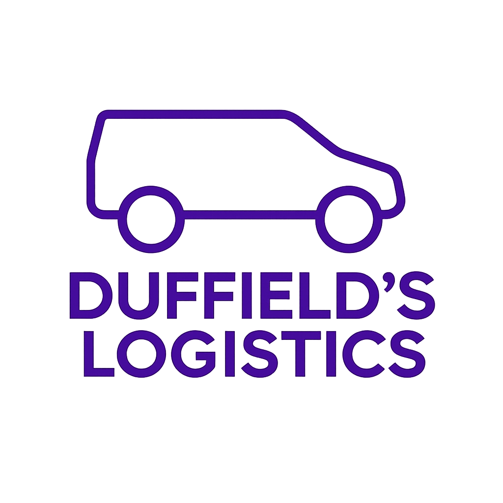 Outline of a van with the text 'DUFFIELD'S LOGISTICS' underneath in purple.