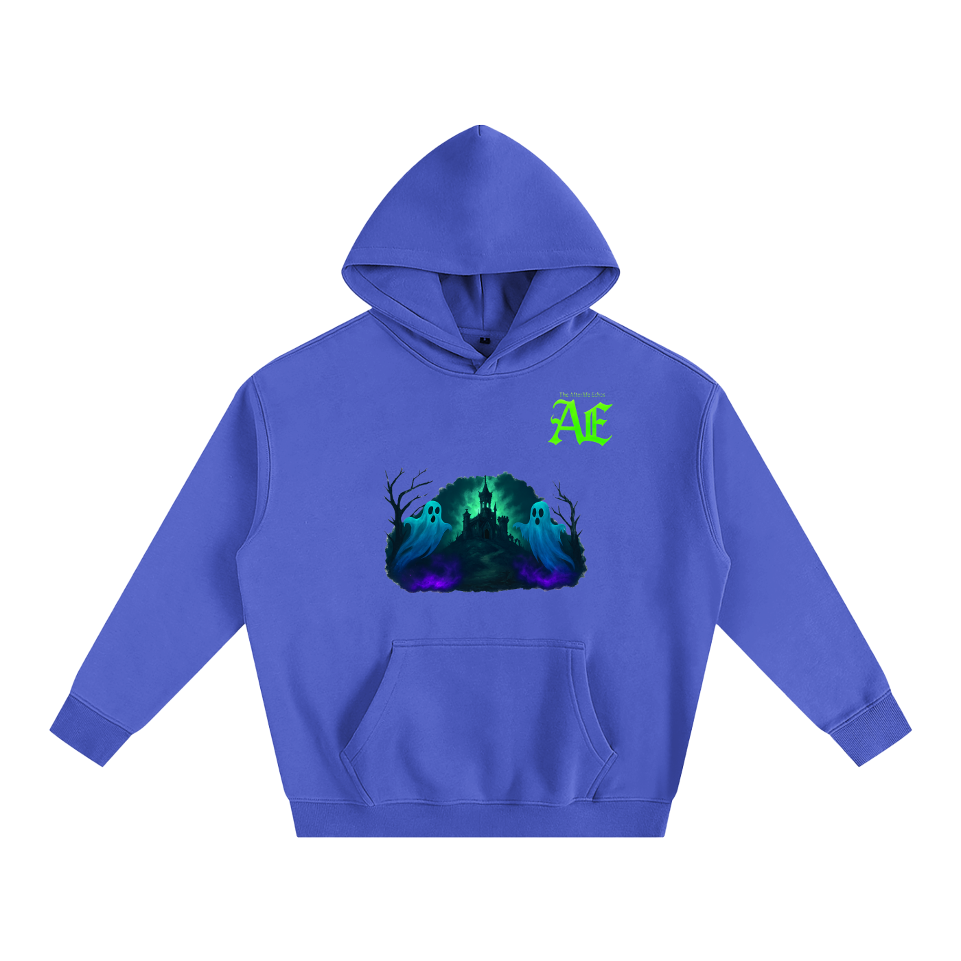 Blue hoodie with a haunted house graphic, ghost images, and green Greek letters 'ΑΕ' on the chest.