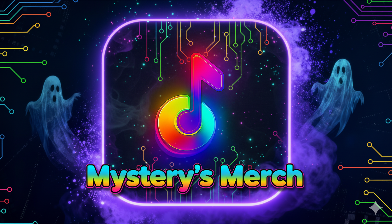 Digital graphic featuring a rainbow-colored musical note icon with a neon glow, surrounded by ghost-like figures and circuit patterns, with the text 'Mystery's Merch' in colorful, bold letters.